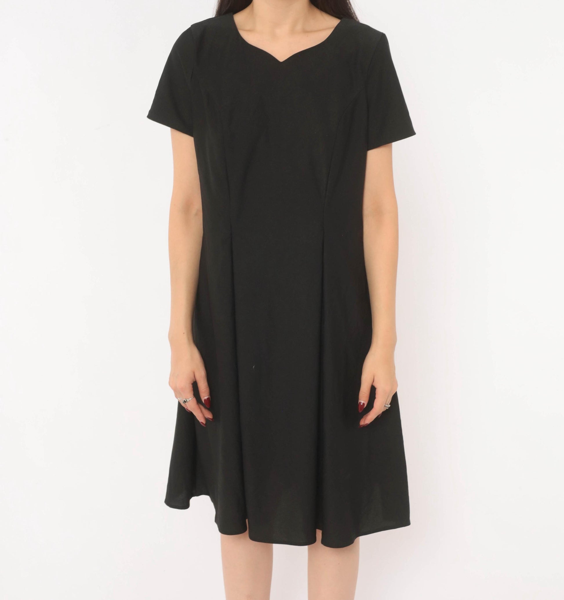 90s Black A-Line Dress Sweetheart Neckline Cap Sleeve Knee-Length Large L