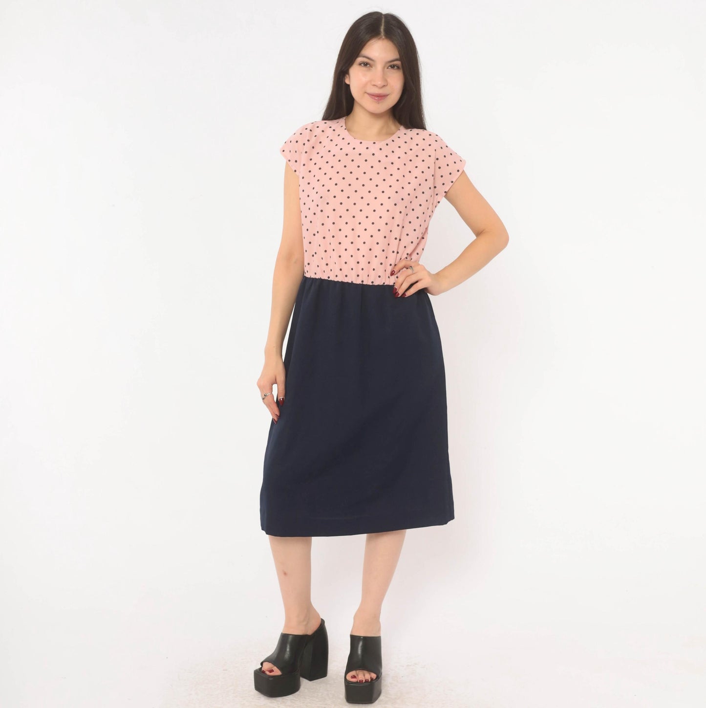 80s Two-Tone Polka Dot Dress Pink Navy Cap Sleeve A-Line Medium M
