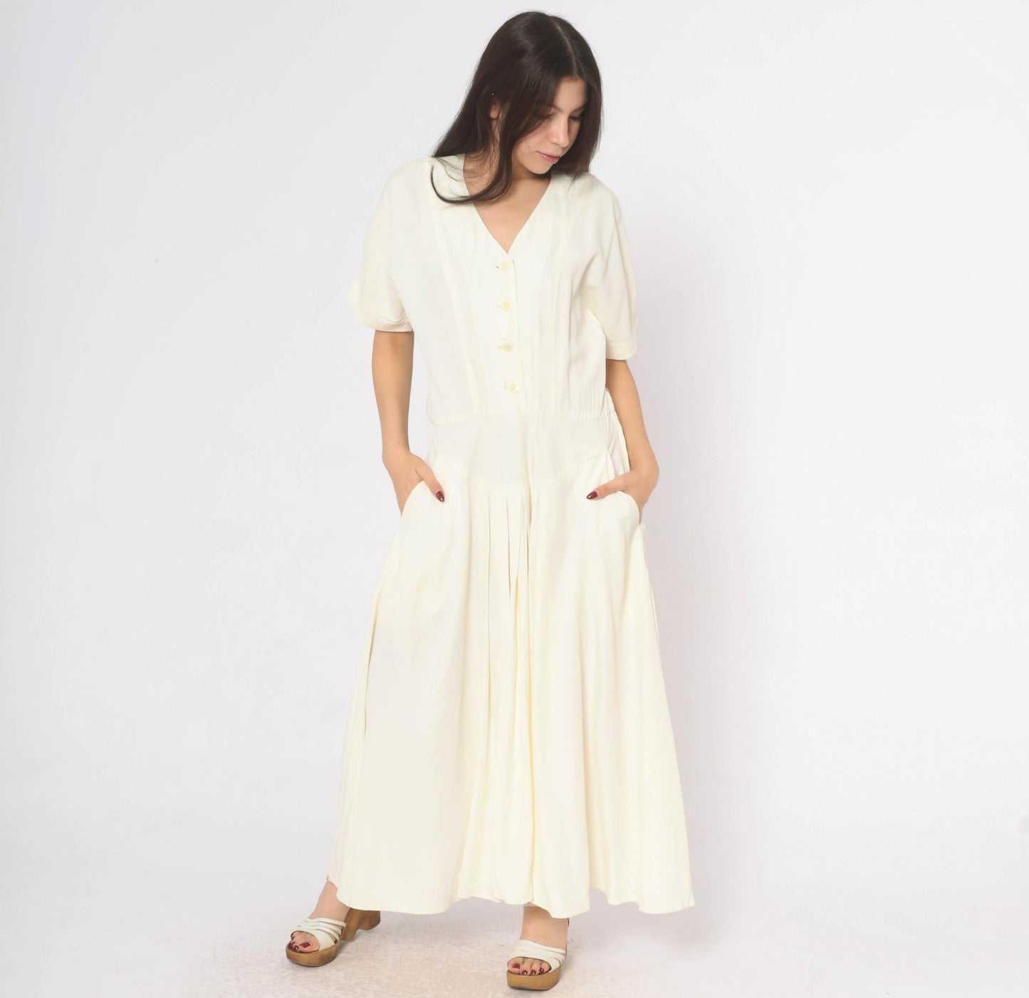 90s E.D. Michaels Cream Button Front Maxi Dress Puff Sleeve Drop Waist Medium M