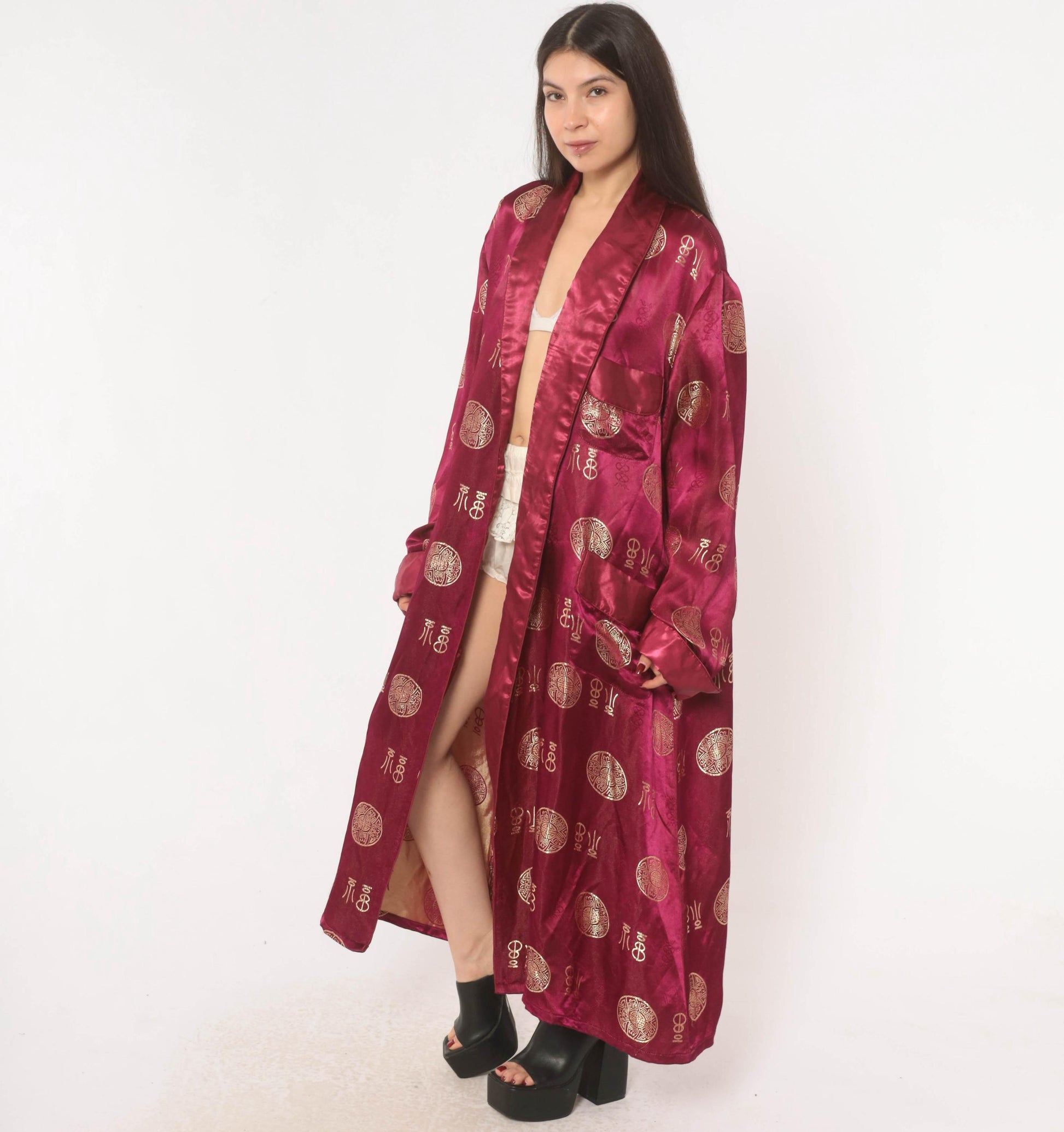 90s Magenta Satin Robe Gold Jacquard Medallion Kimono Maxi Duster Large L