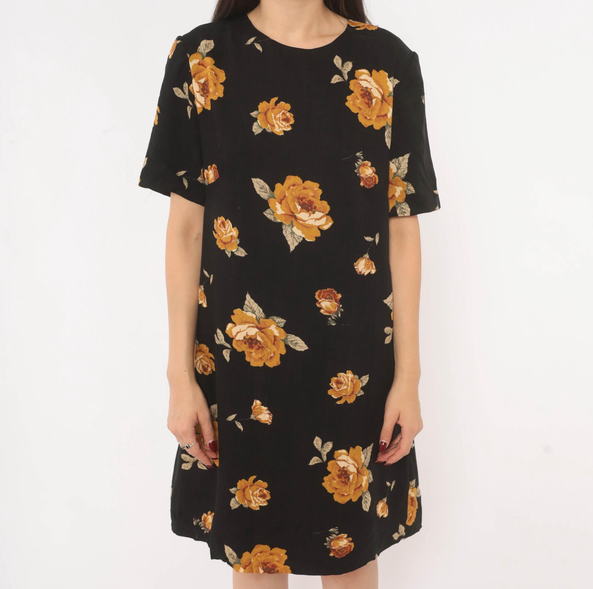90s Black Floral Shift Dress Mustard Rose Print Cotton Crew Neck Medium M
