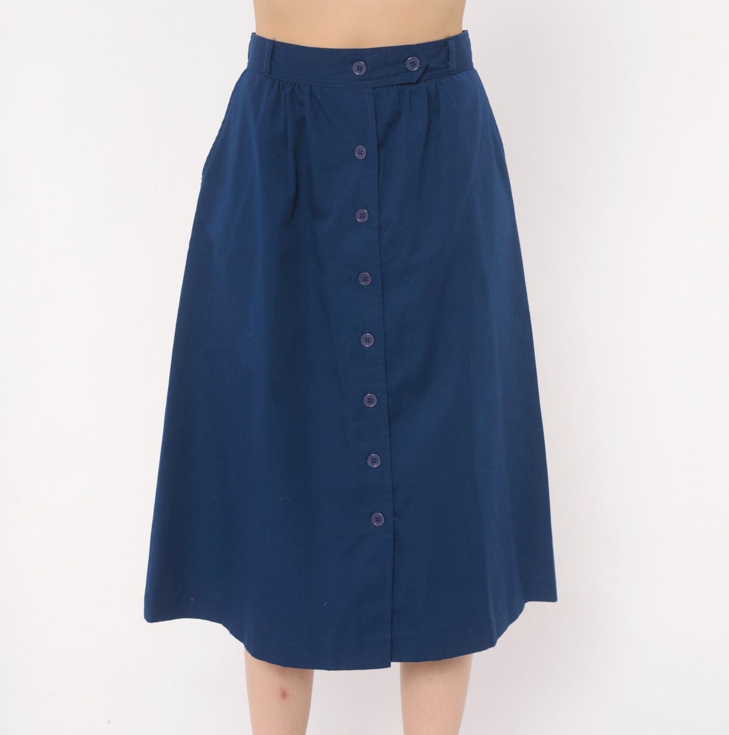 80s Navy Button Front A-Line Skirt Cotton Knee Length Medium M