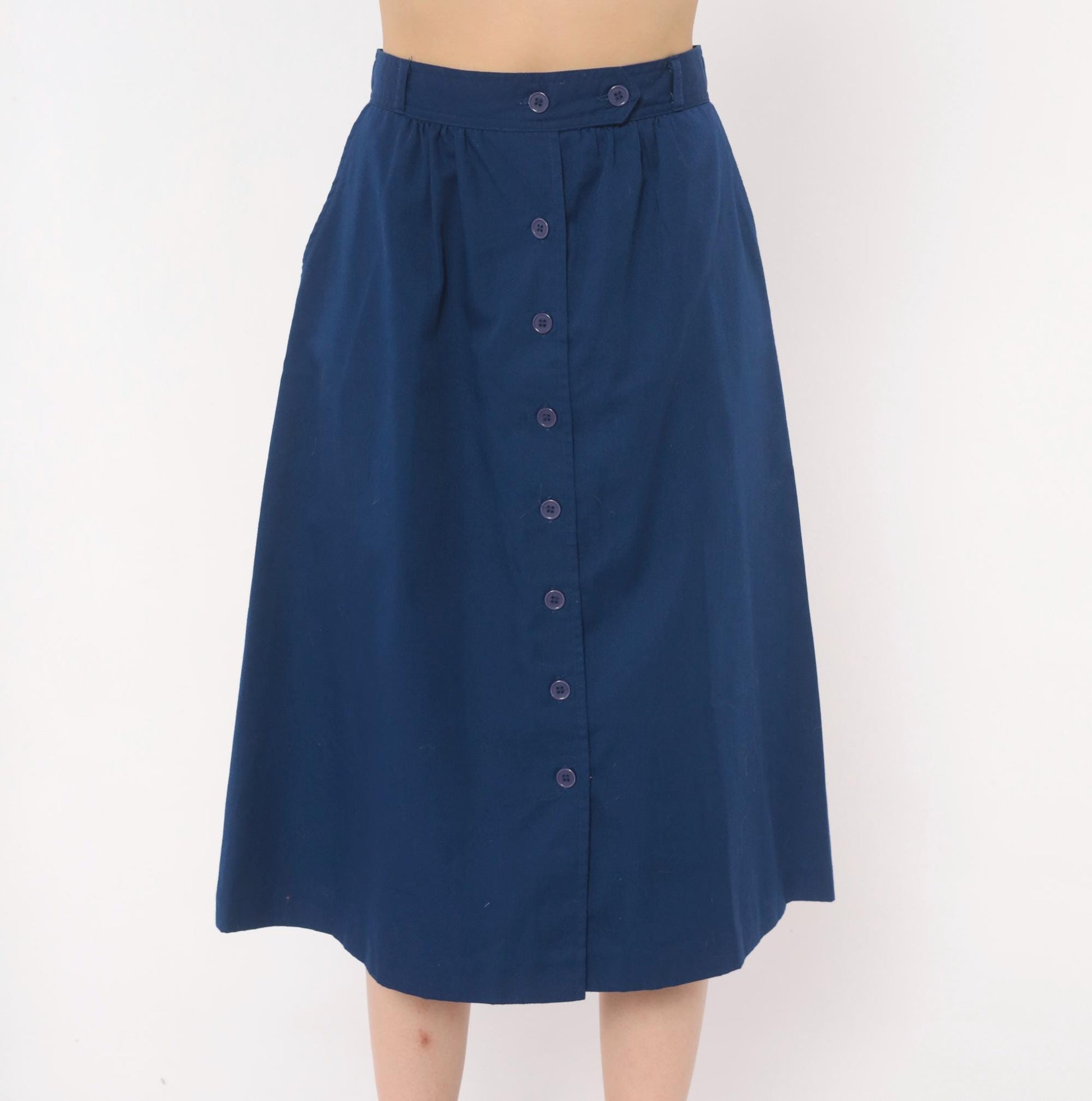 80s Navy Button Front A-Line Skirt Cotton Knee Length Medium M