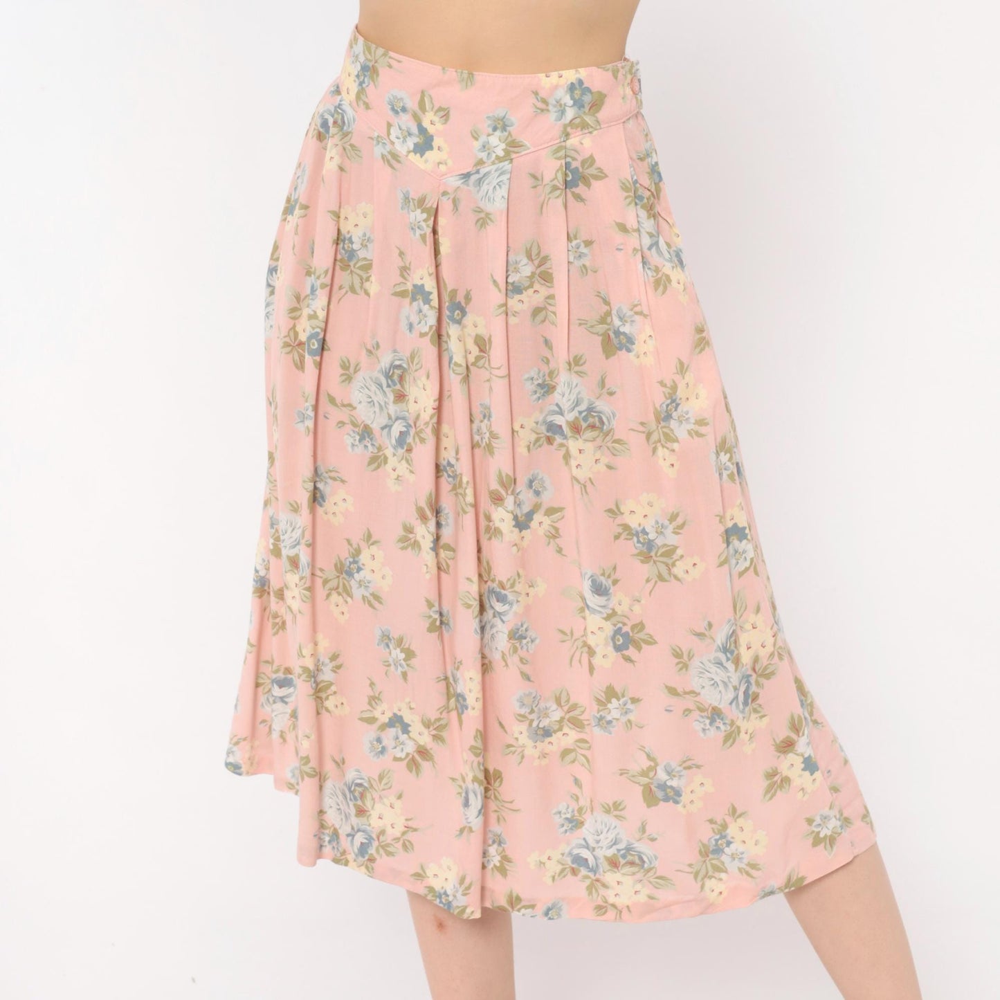 90s Russ Petites Floral Pleated Skirt Pink Rose Blue Cotton A-Line Medium