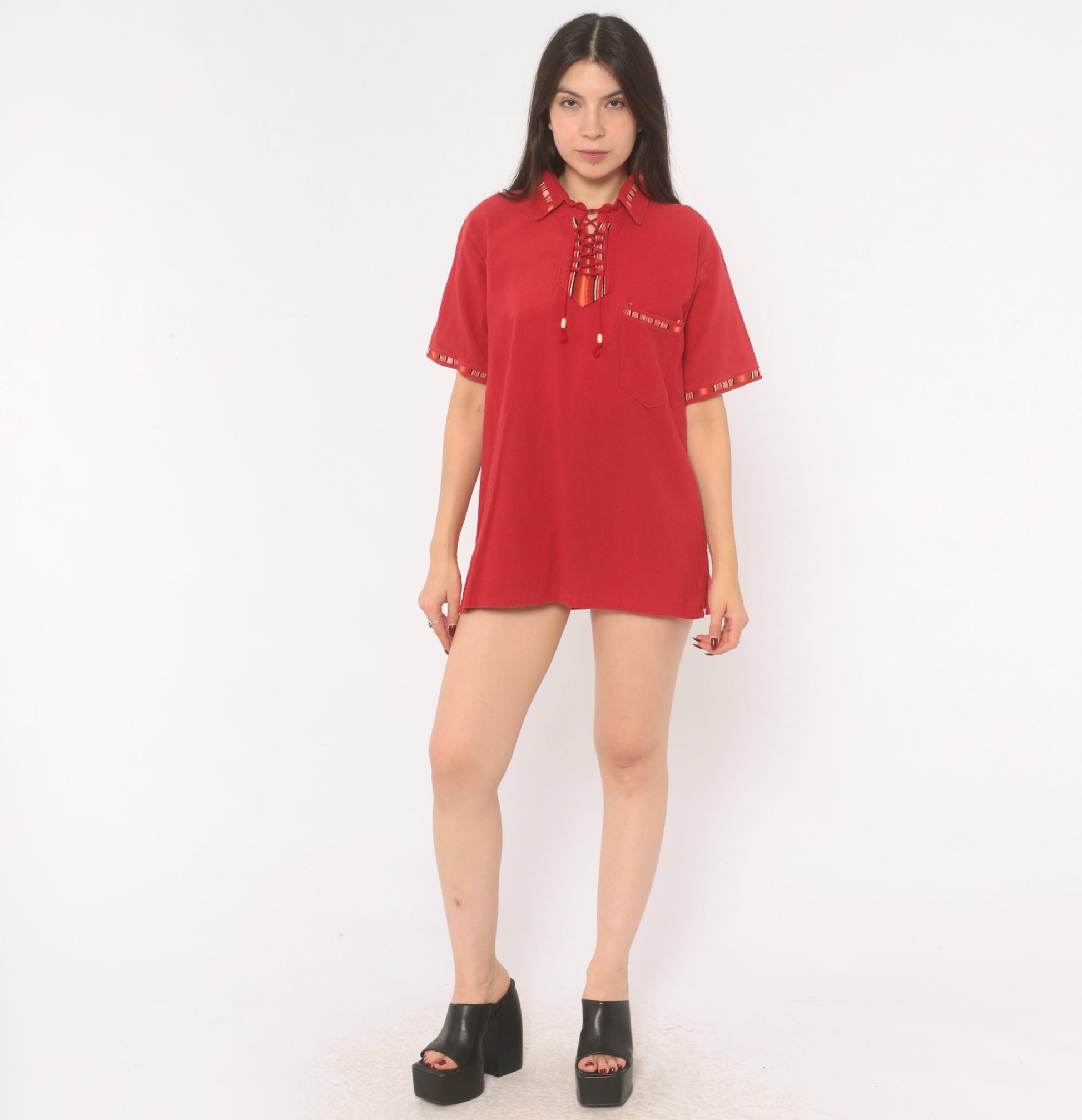90s Red Cotton Lace-Up Tunic Shirt Southwestern Woven Trim Tassels Medium