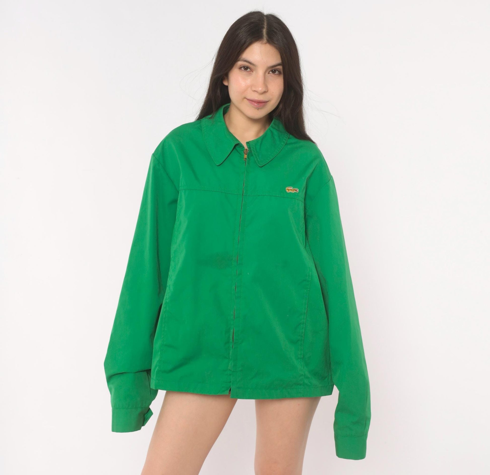 70s Alligator Green Zip Front Windbreaker Cotton Jacket Medium