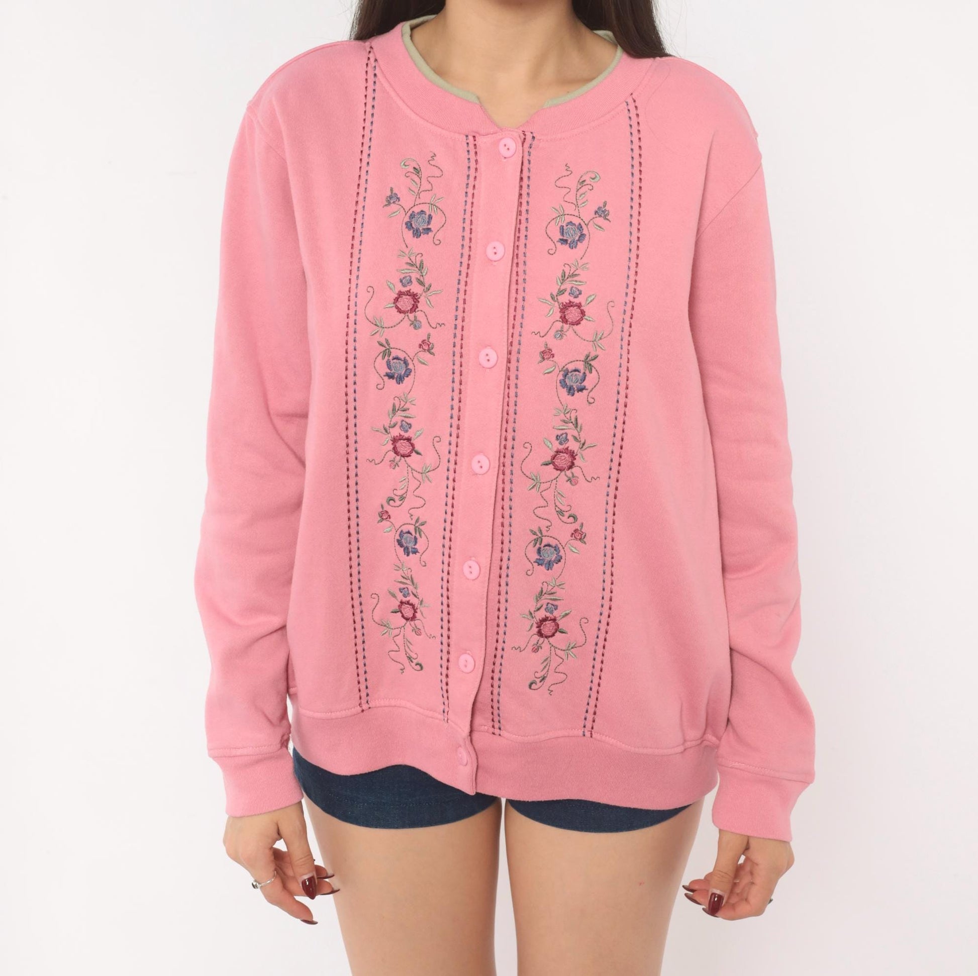 90s Shenanigans Floral Embroidered Cardigan Pink Cotton Button Front Medium