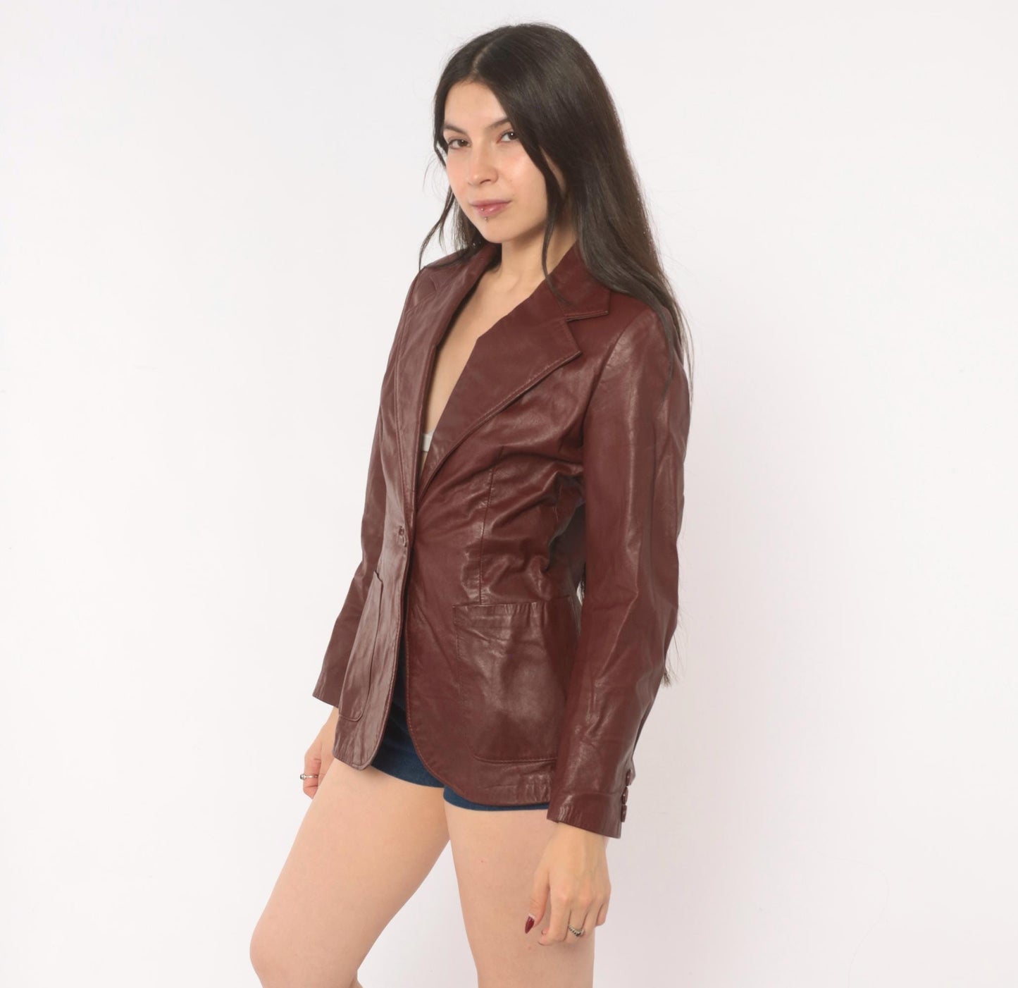 70s Burgundy Leather Blazer Single Button Notched Lapel Fitted Waist XS