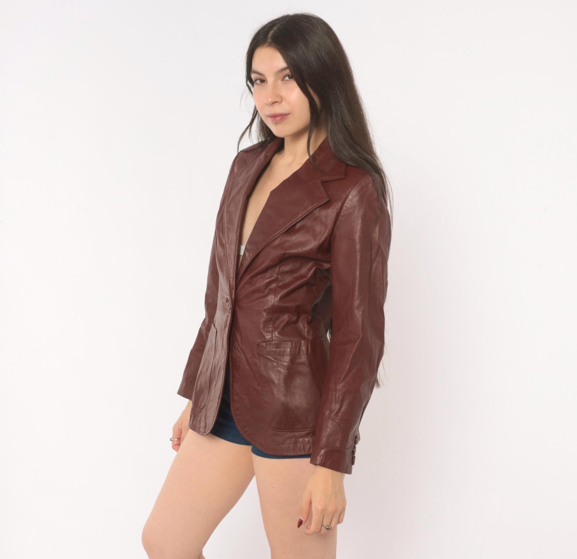 70s Burgundy Leather Blazer Single Button Notched Lapel Fitted Waist XS