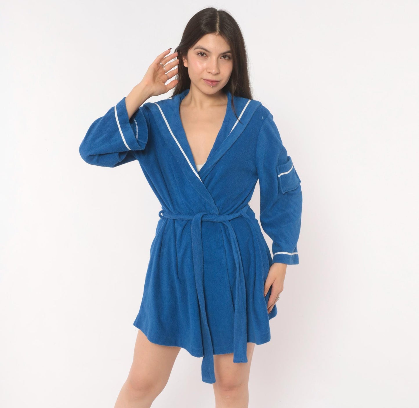 70s Deena Blue Terry Cloth Robe Sailor Collar White Piping Mini Medium M