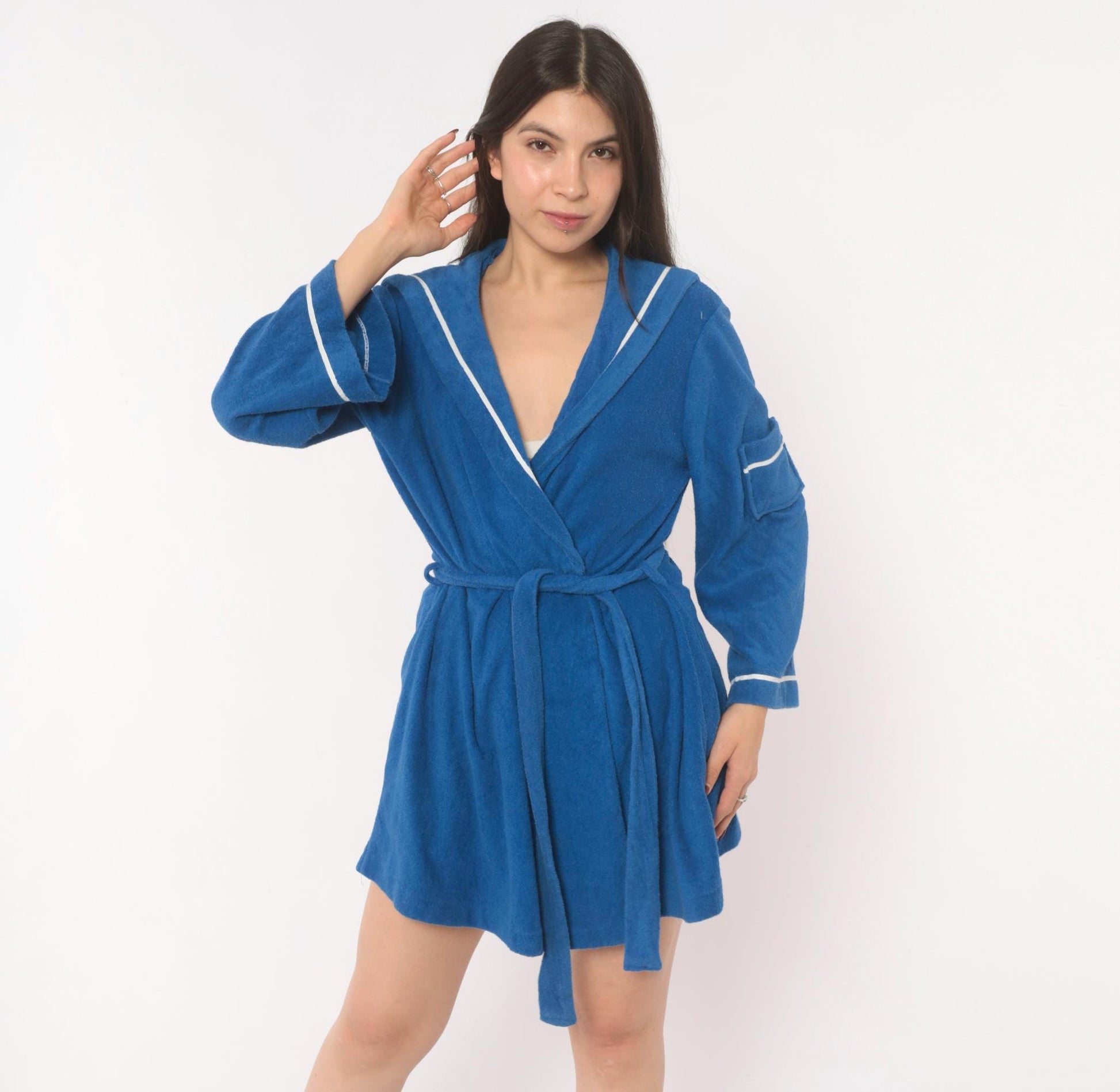 70s Deena Blue Terry Cloth Robe Sailor Collar White Piping Mini Medium M