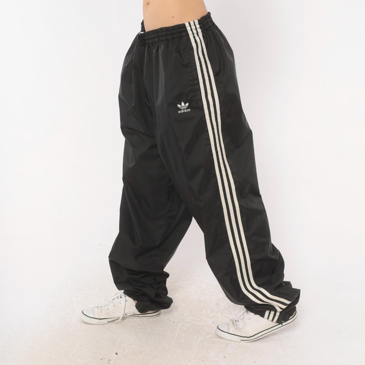 90s Adidas Track Pants Black White Three Stripe Nylon Trefoil Extra Large XL