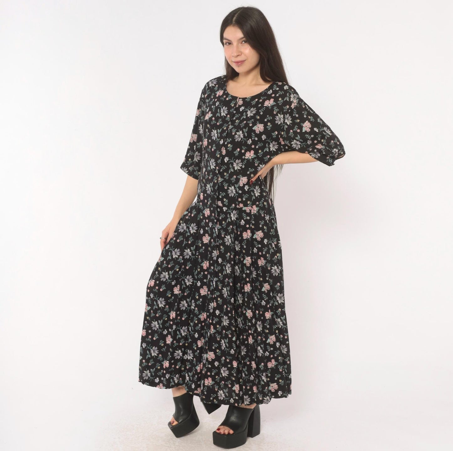 Y2K Putumayo Black Floral Maxi Dress Pink Lavender Button Front Large L