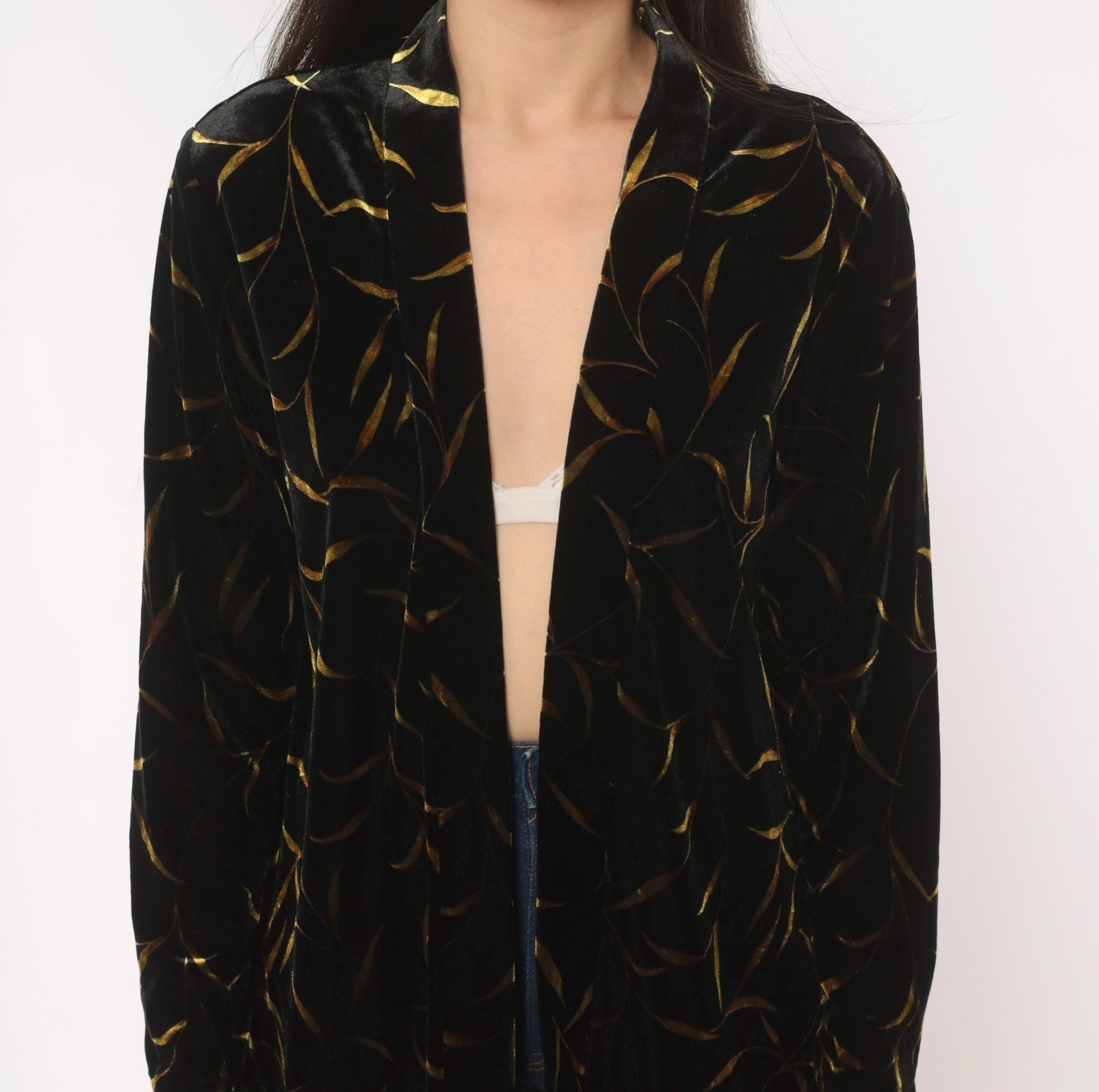 90s Ronni Nicole Black Velvet Duster Gold Leaf Botanical Print Shawl Collar Small Medium