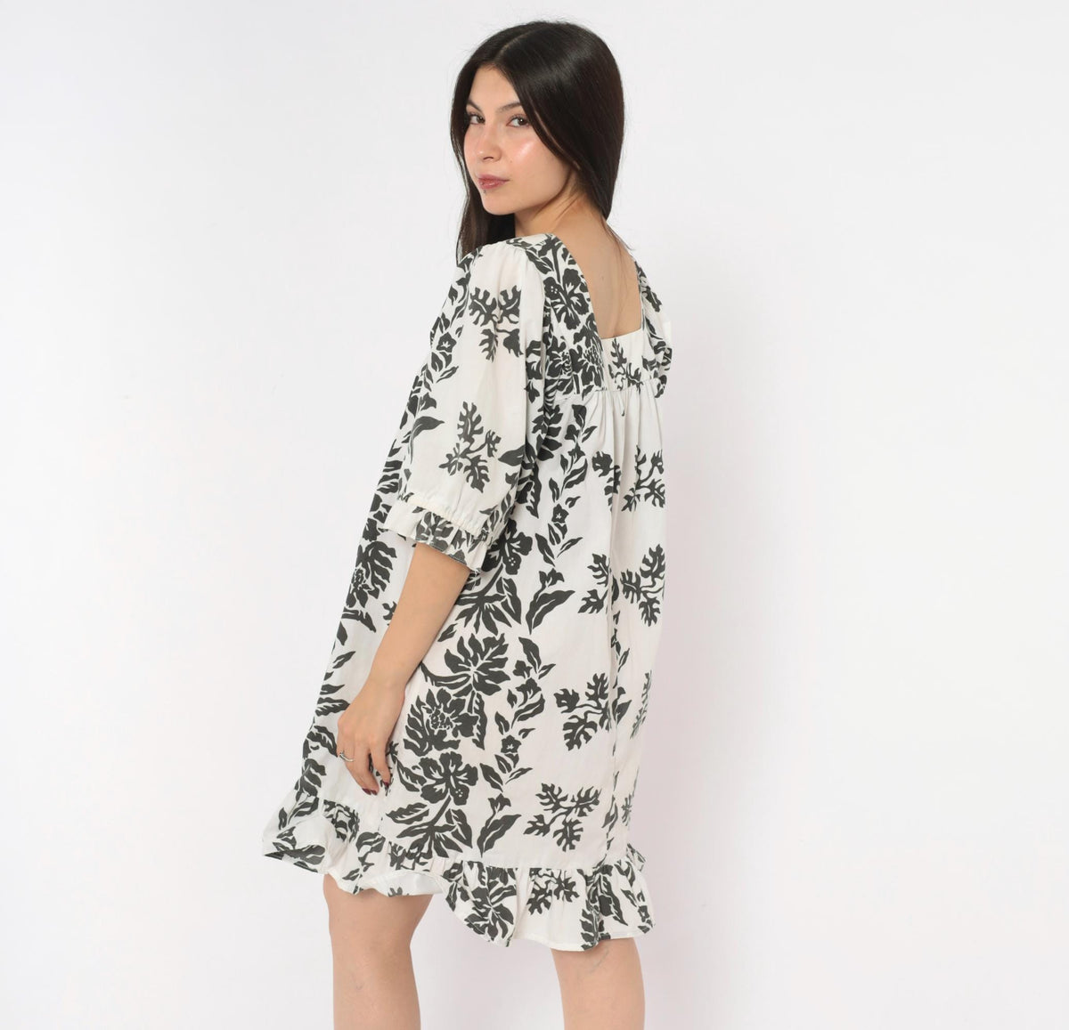 90s Nani Liberty House Hawaiian Floral Square Neck Puff Sleeve Dress Black White Small S