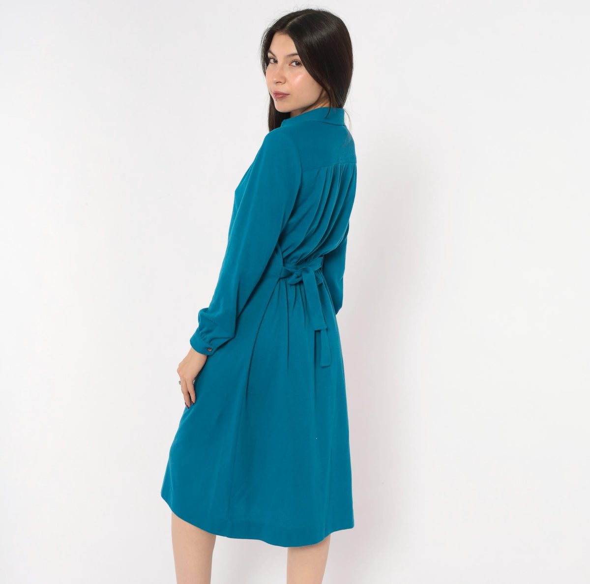 70s Schrader Sport Petites Teal Wool Shirt Dress Tie Waist A-Line Medium M