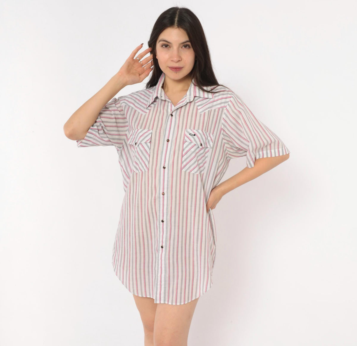 90s Silver Spur Western Snap Shirt Striped Pink Grey White Cotton Medium