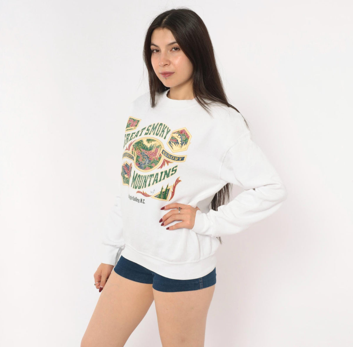 90s Great Smoky Mountains Fruit Of The Loom Crewneck Sweatshirt White Medium M