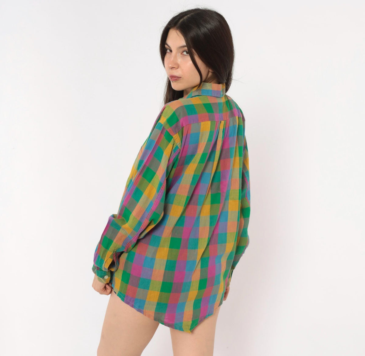 70s Career Club Madras Plaid Button-Down Shirt Multicolor Gingham Large L