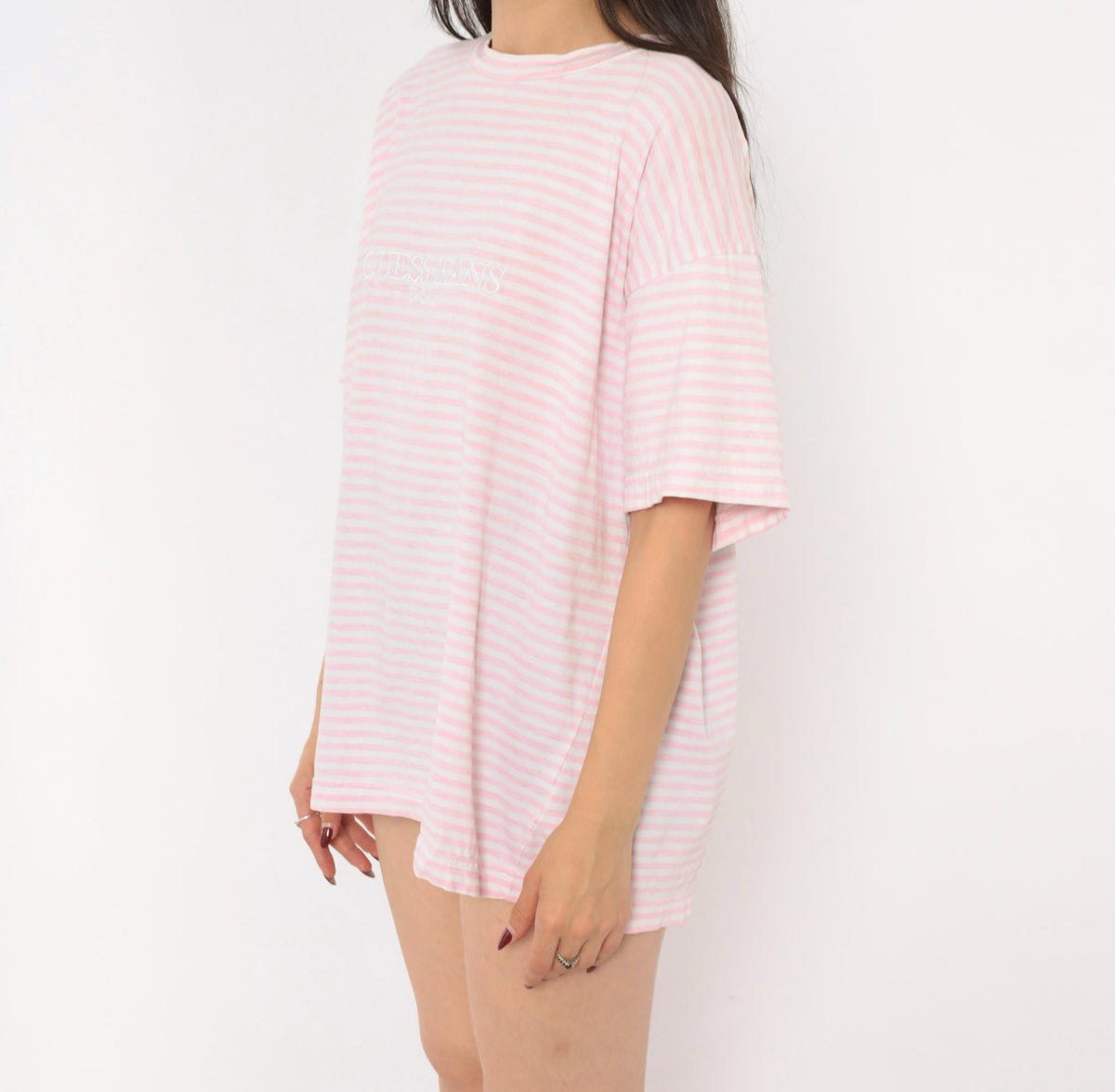 Guess Jeans USA Pink White Striped Cotton Tee Embroidered Logo Large