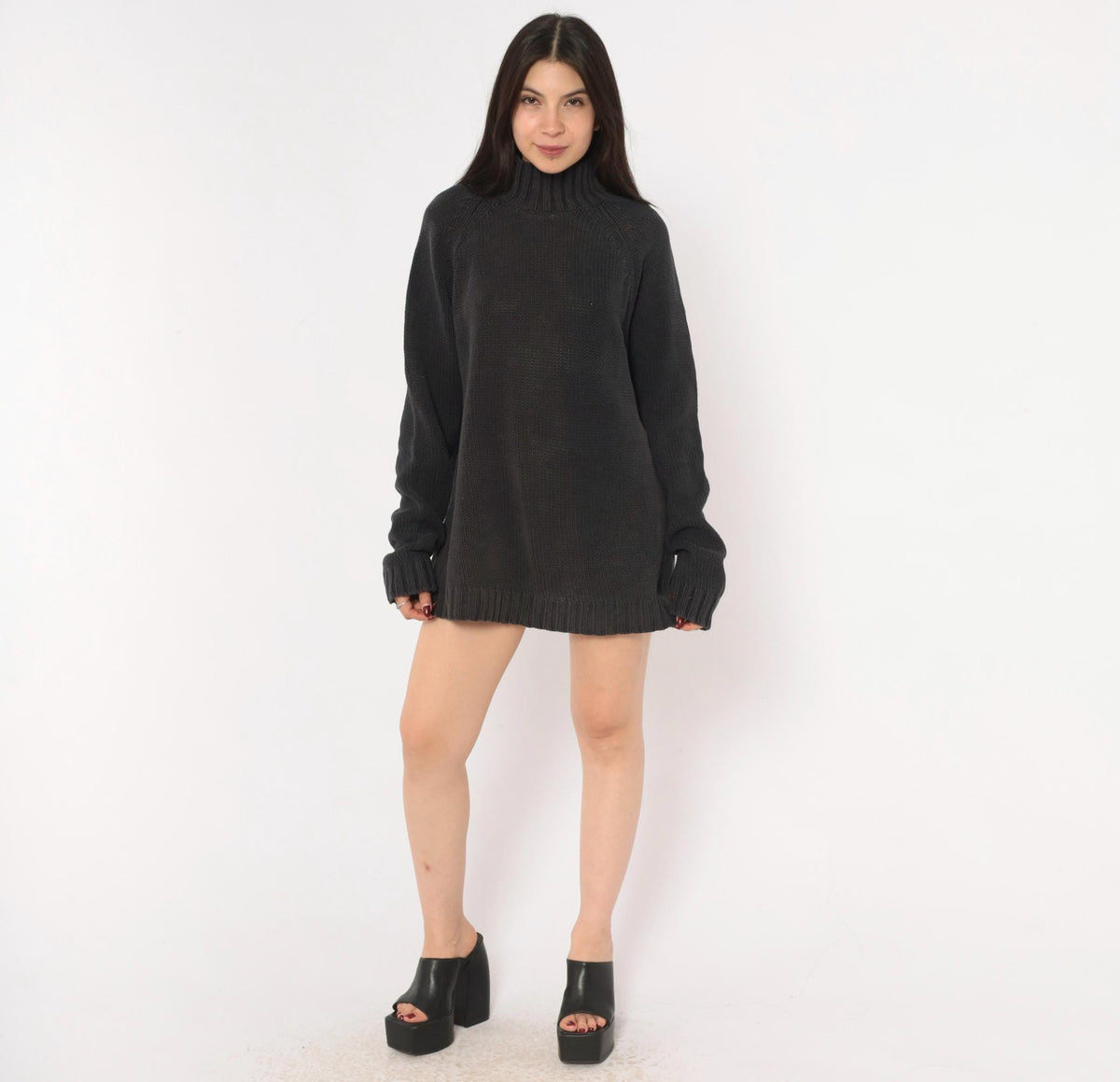 90s Chadwick's Black Mock Neck Sweater Cotton Knit Raglan Pullover Large L