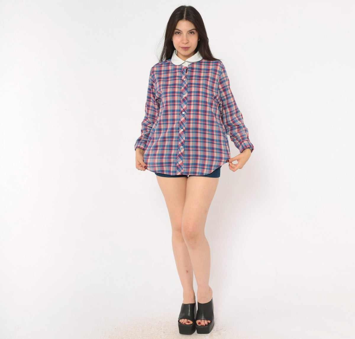 80s Oak Hill Plaid Peter Pan Collar Button Blouse Blue Red White Medium