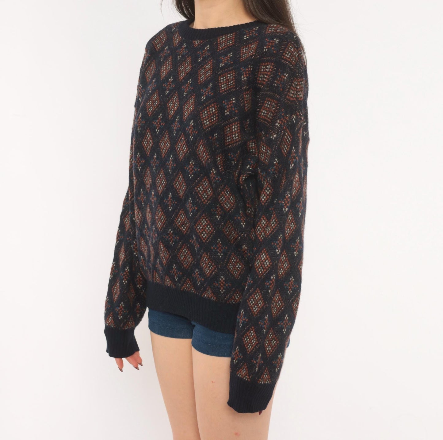 90s Robert Banks Wool Argyle Sweater Navy Rust Geometric Fair Isle Large L