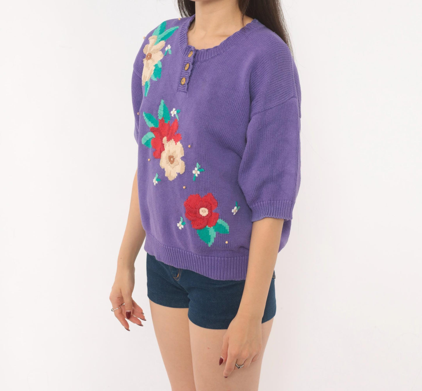 80s Koret Francisca Purple Floral Embroidered Henley Sweater Cotton Medium M