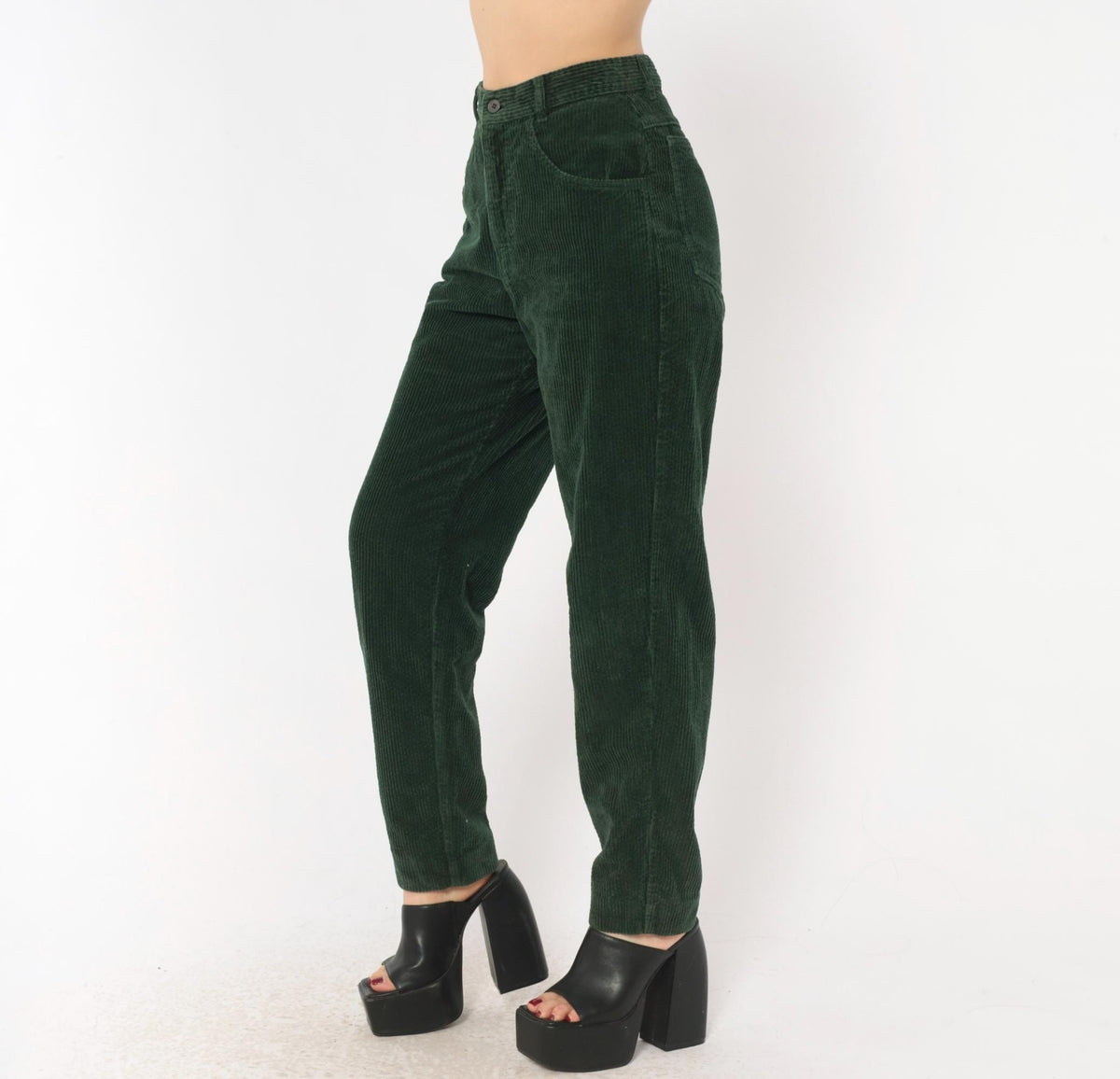 Benetton Emerald Corduroy High-Waist Pants 80s Forest Green Cotton Trousers XS