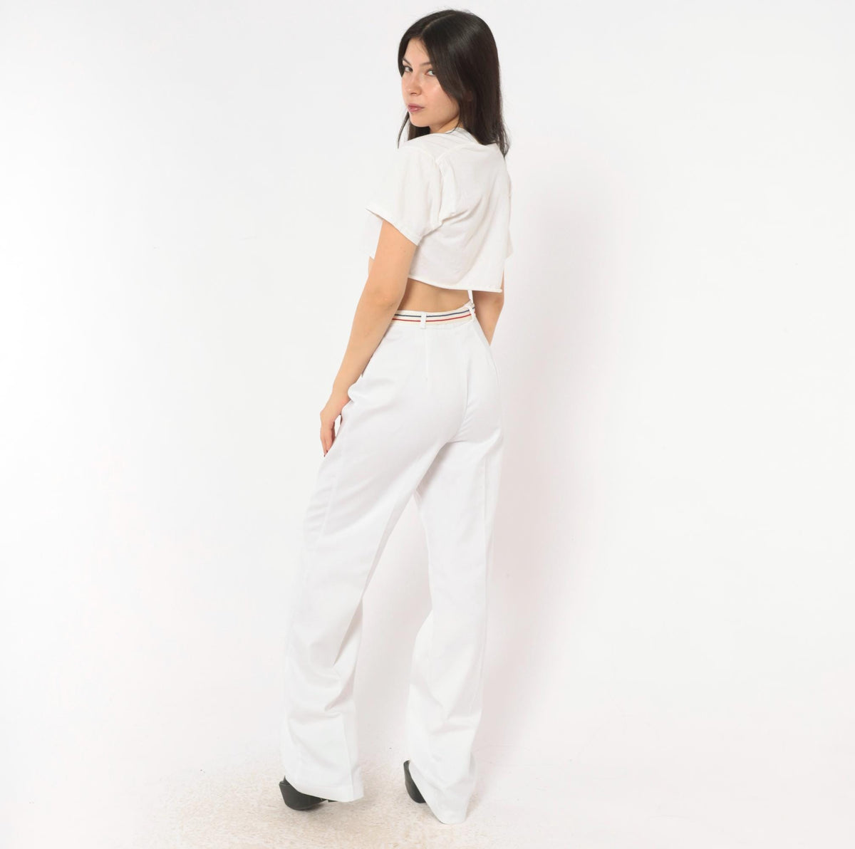 70s MMJ White Wide Leg Trousers Striped Belt High Rise Small S