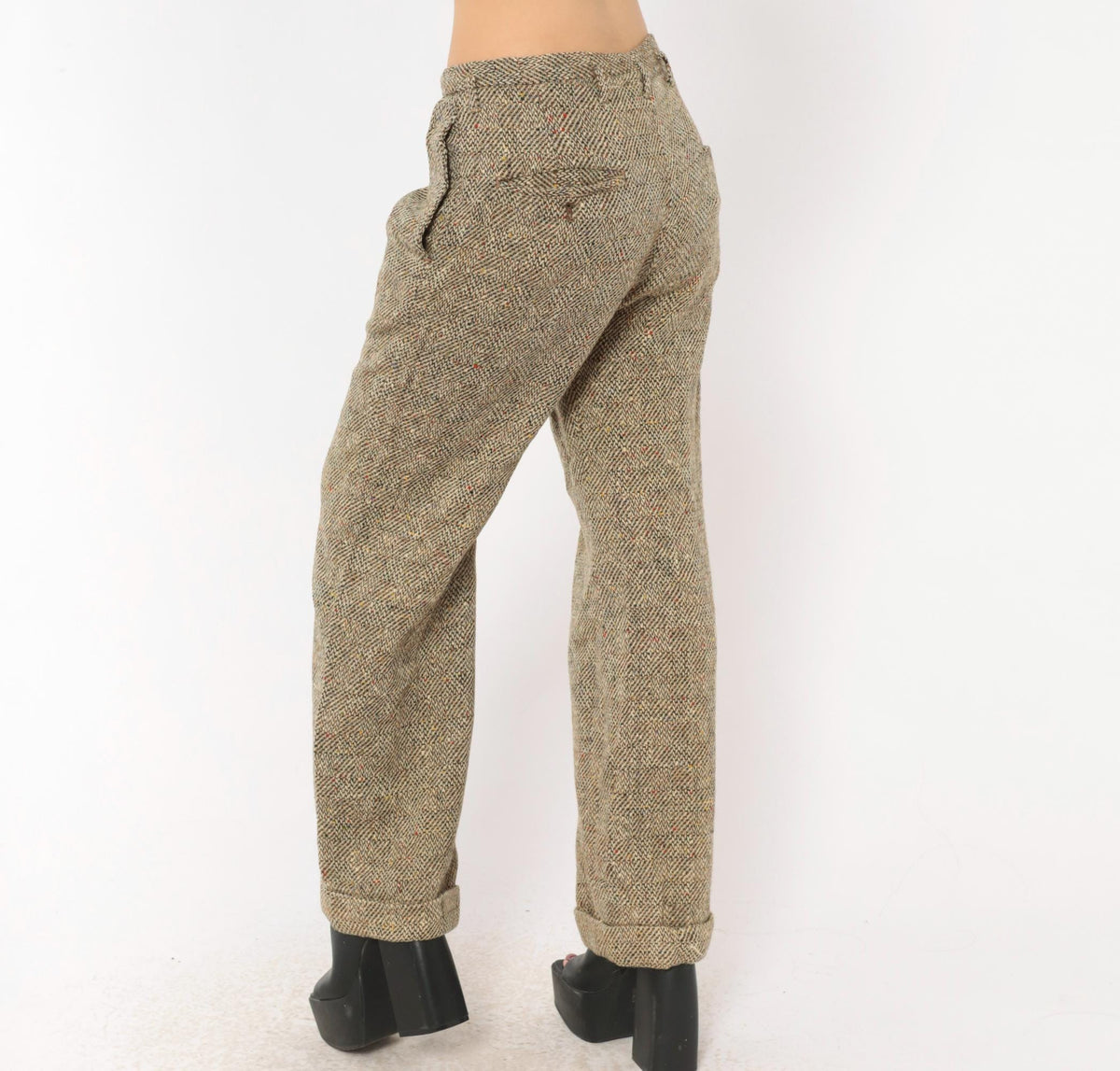 70s Herringbone Tweed Wool Pleated Trousers Tan Cream High Rise Medium