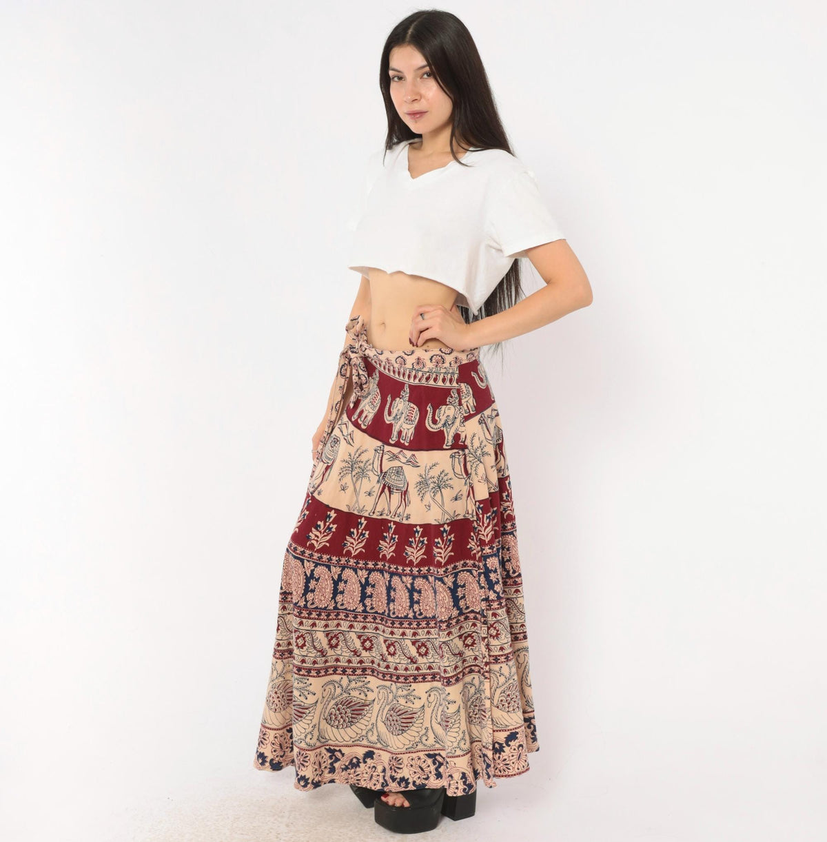 70s Indian Block Print Cotton Wrap Skirt Maxi Burgundy Navy Elephant Peacock Small