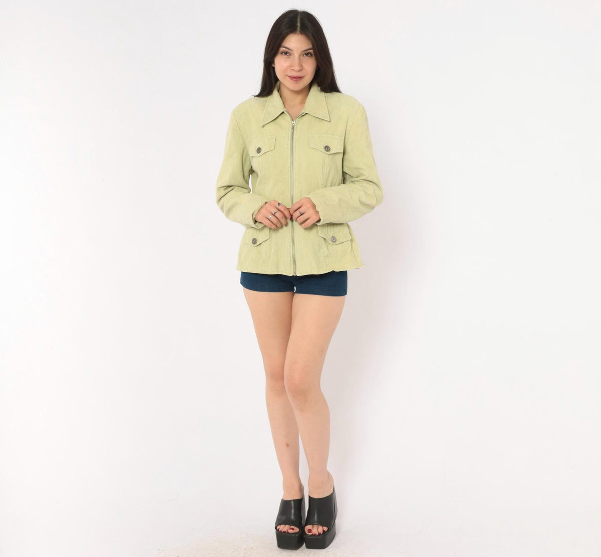 Y2K Rubbish Sage Corduroy Jacket Pointed Collar Four Pocket Mint Green Large L