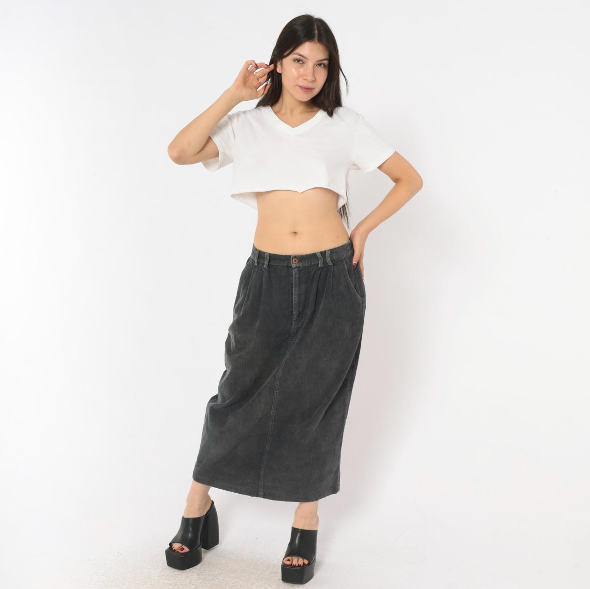 80s Gina Peters Charcoal Corduroy Midi Skirt Pleated High Waist Small