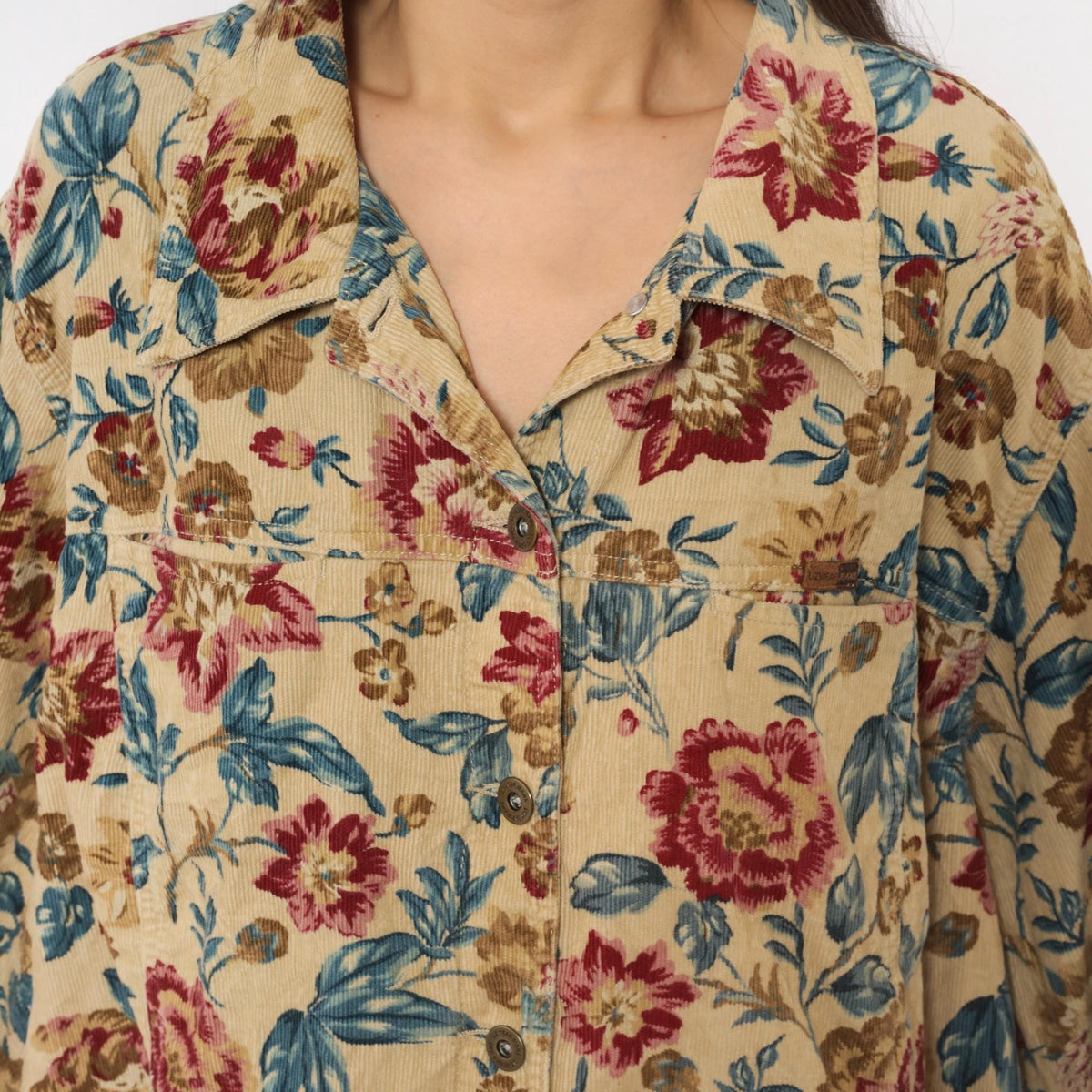 2000s Elisabeth Floral Corduroy Jacket Tan Botanical Button Front Plus Size 3X