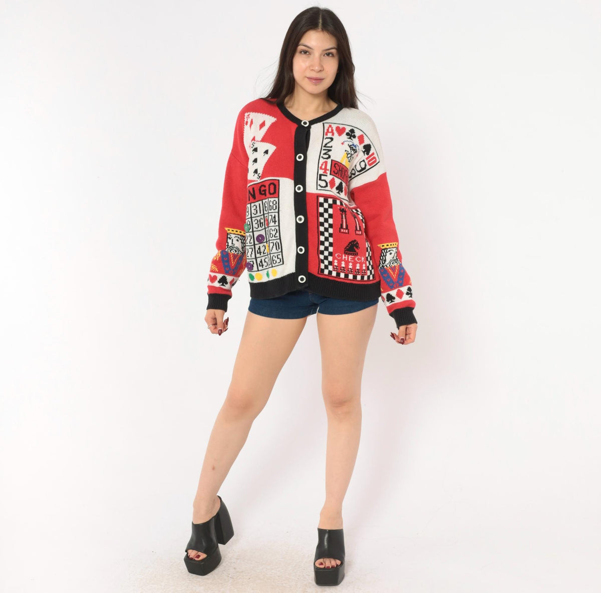 90s Casual Corner Cardigan Red Black Game Night Novelty Knit Large L