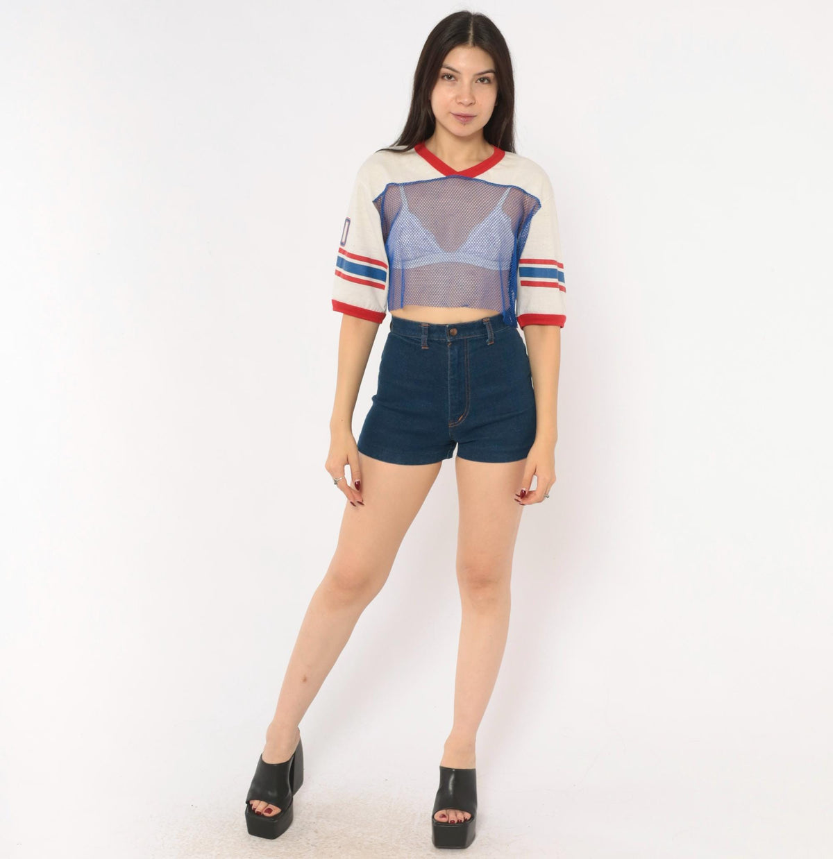 80s Indy Knit Mesh Crop Top Blue Red Stripe V-Neck Athletic Jersey Extra Large