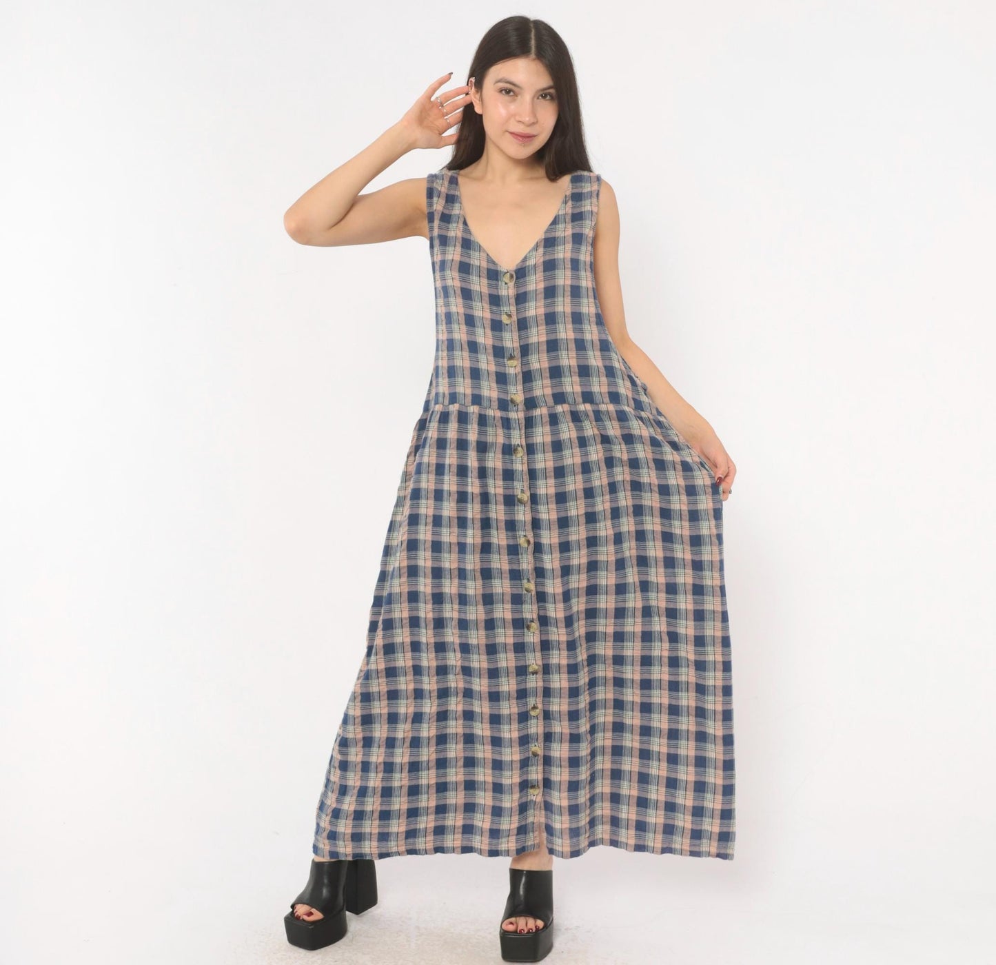90s Lauren Brooke Plus Plaid Maxi Dress Button Front Cotton Blue Pink 1X