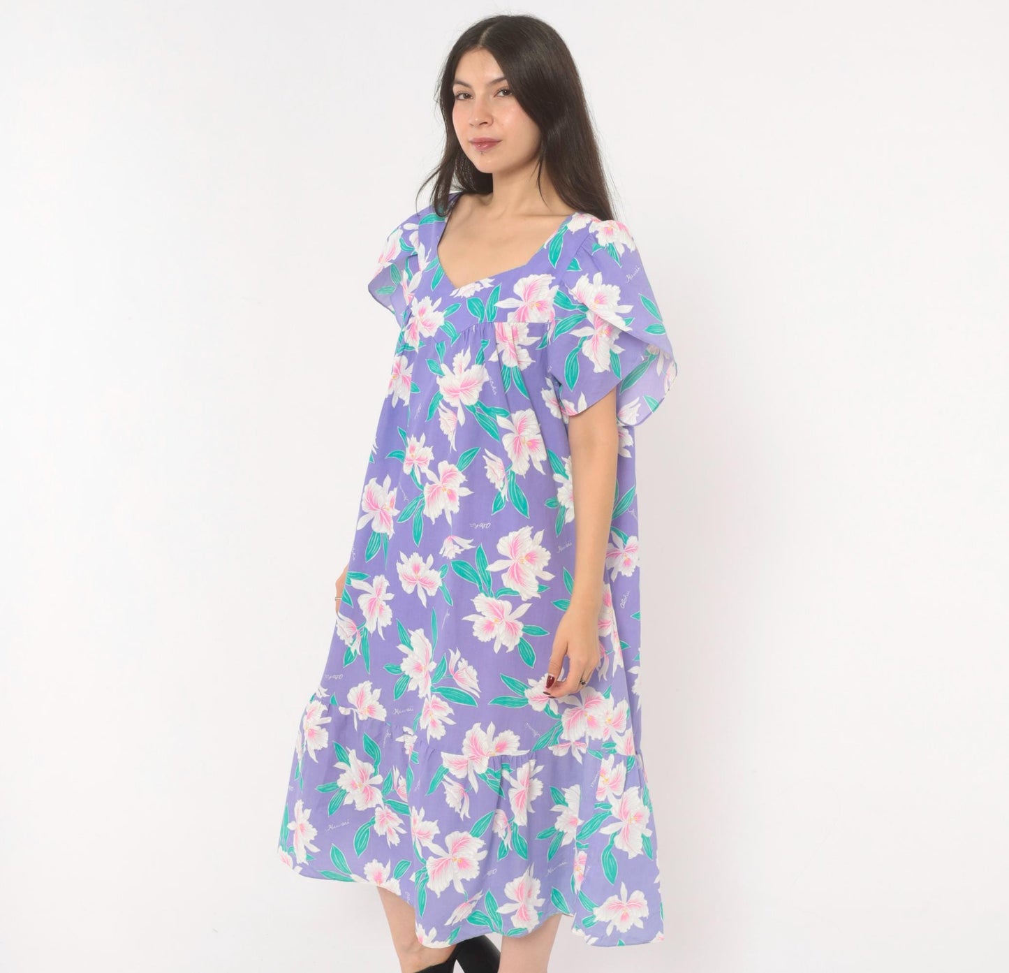 80s Jade Fashions Hawaiian Muumuu Dress Purple Orchid Floral Plus Size XXL