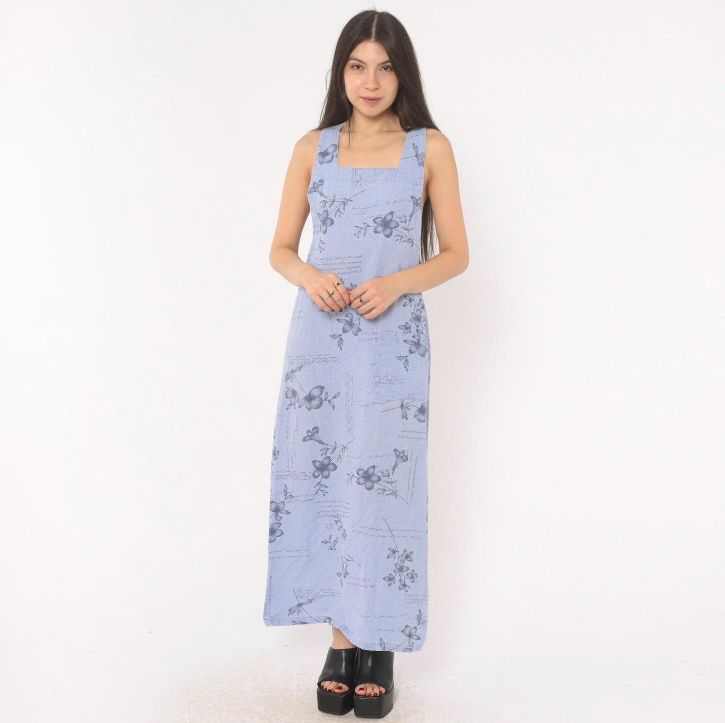 2000s Sweet Jessie Periwinkle Linen Maxi Dress Botanical Print Square Neck Medium M