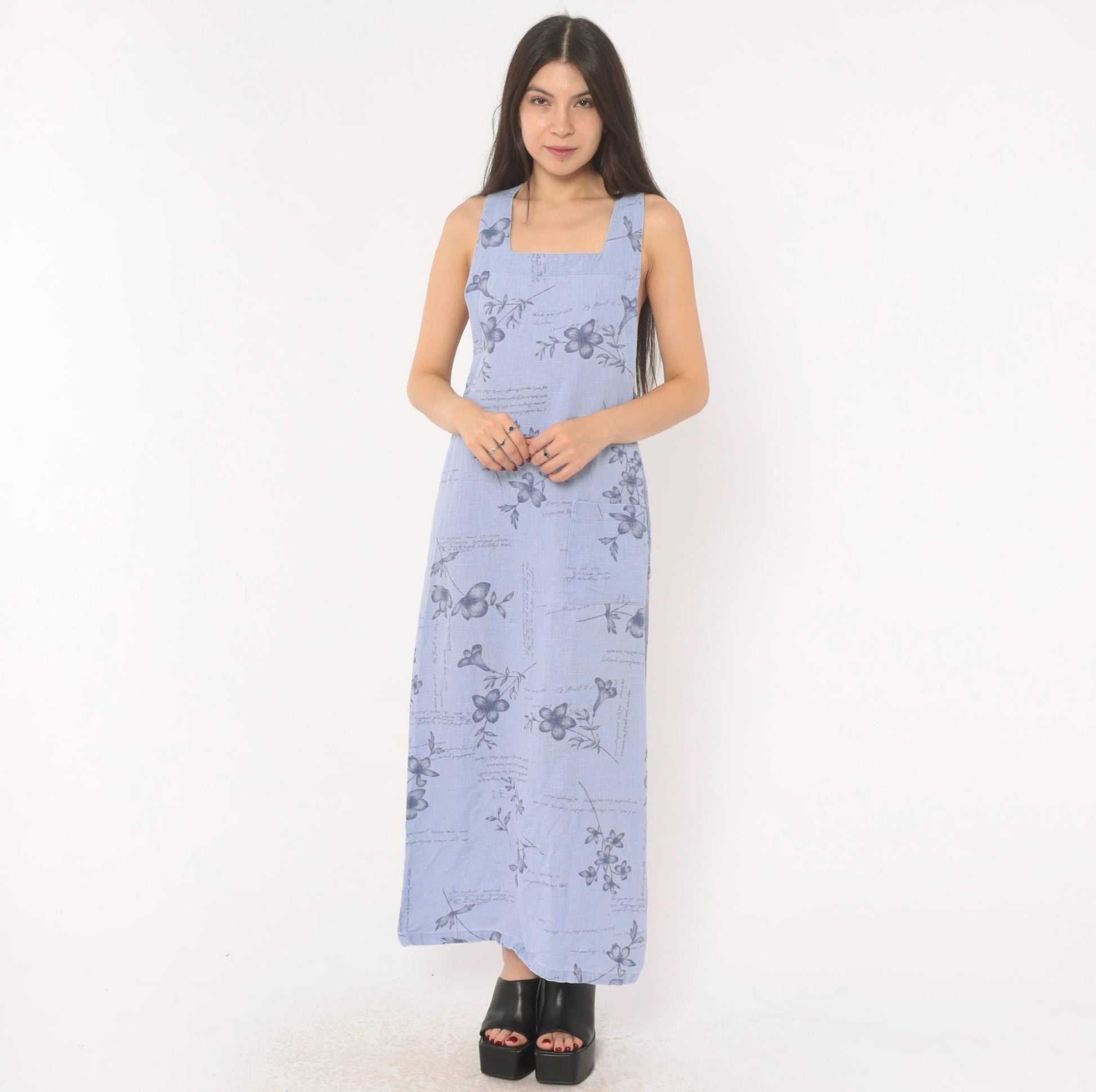 2000s Sweet Jessie Periwinkle Linen Maxi Dress Botanical Print Square Neck Medium M