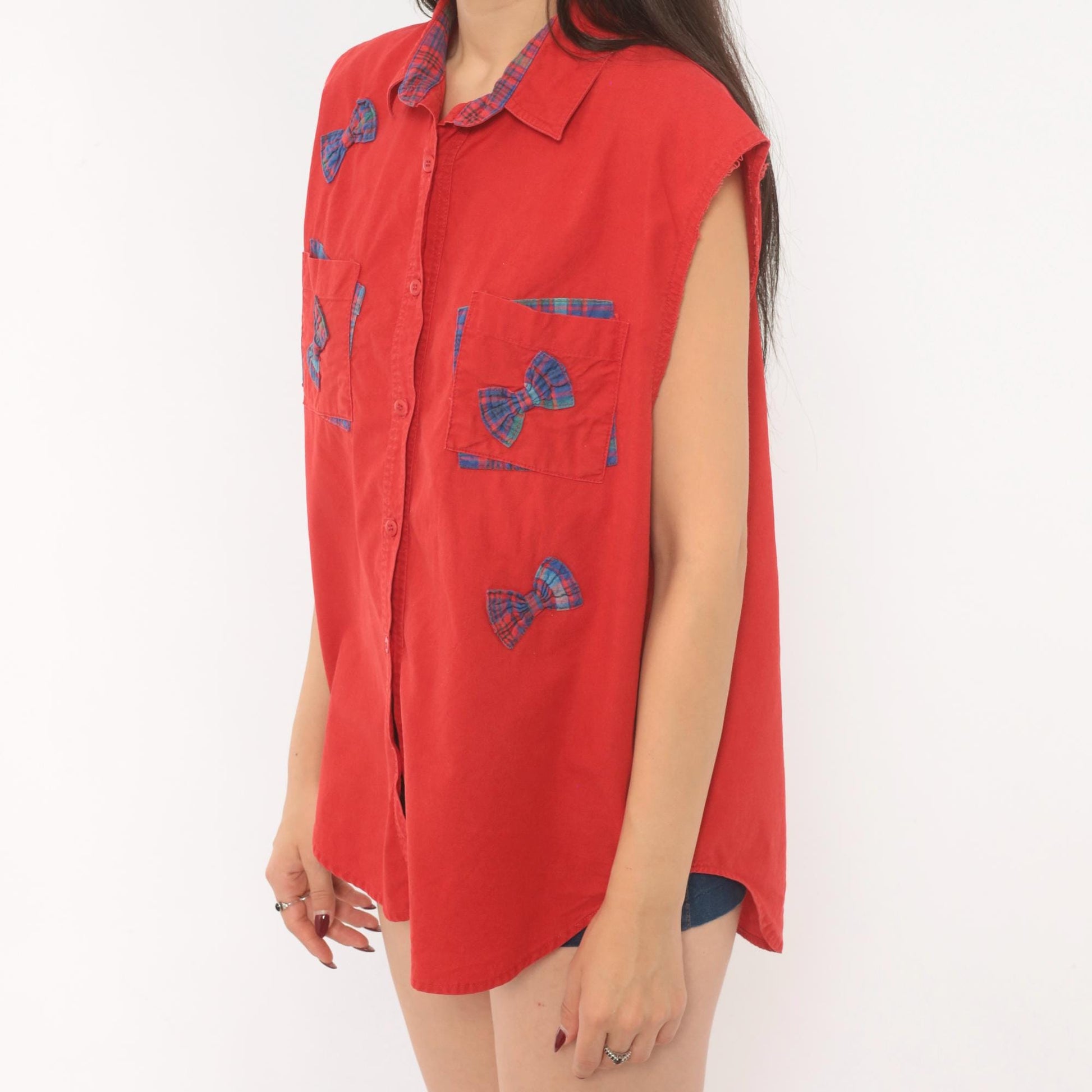 90s Cricket by the Creek Red Plaid Bow Applique Sleeveless Blouse Large L