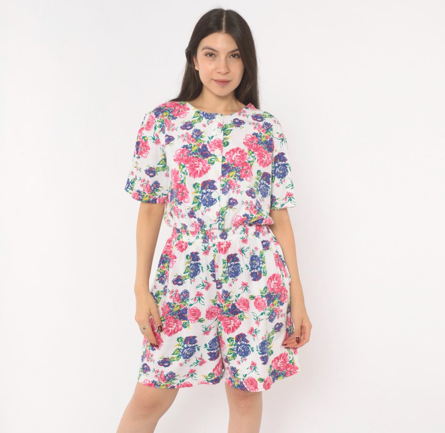 90s Jason Maxwell Floral Romper White Pink Rose Print Cotton Playsuit Medium