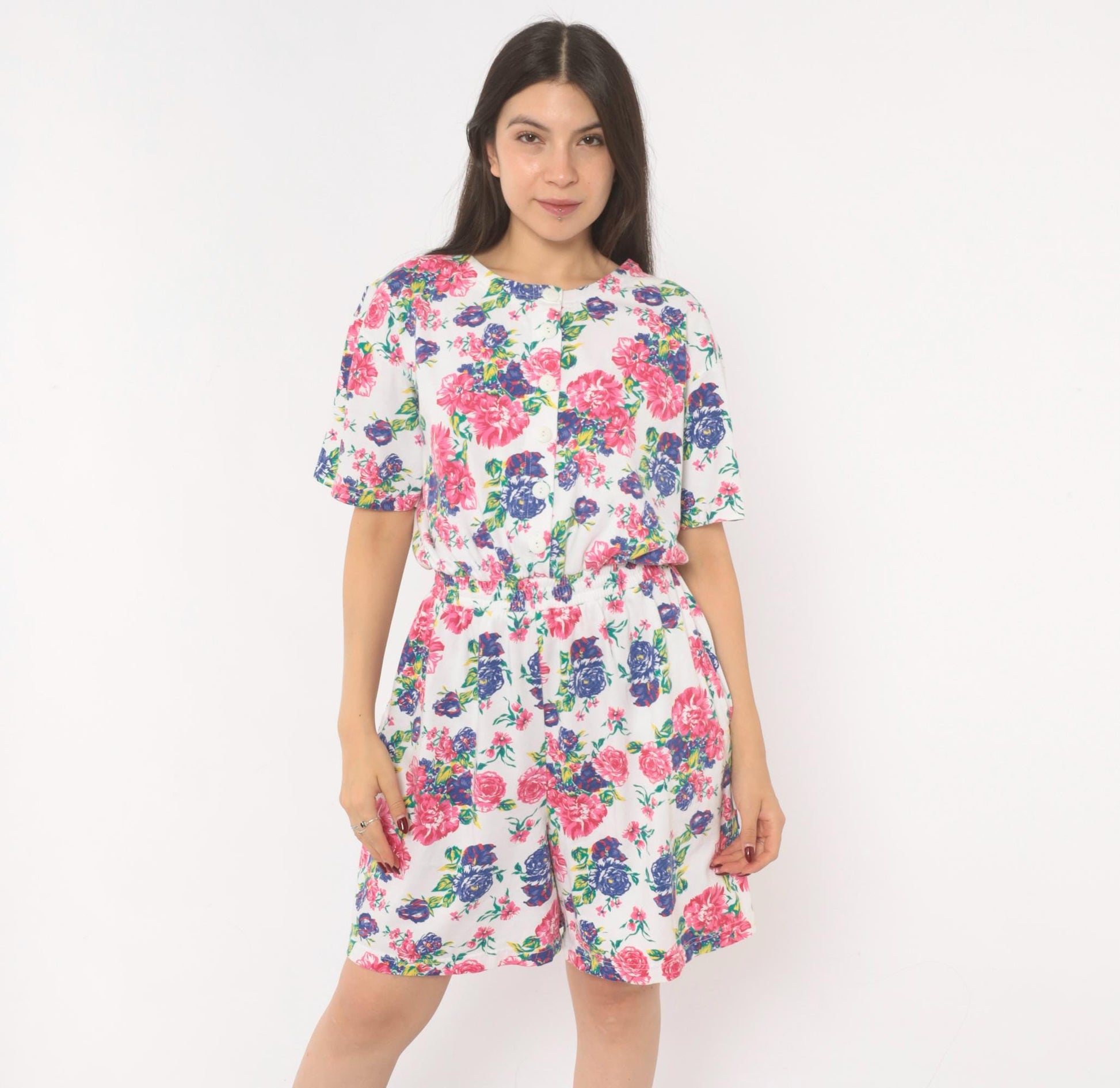 90s Jason Maxwell Floral Romper White Pink Rose Print Cotton Playsuit Medium