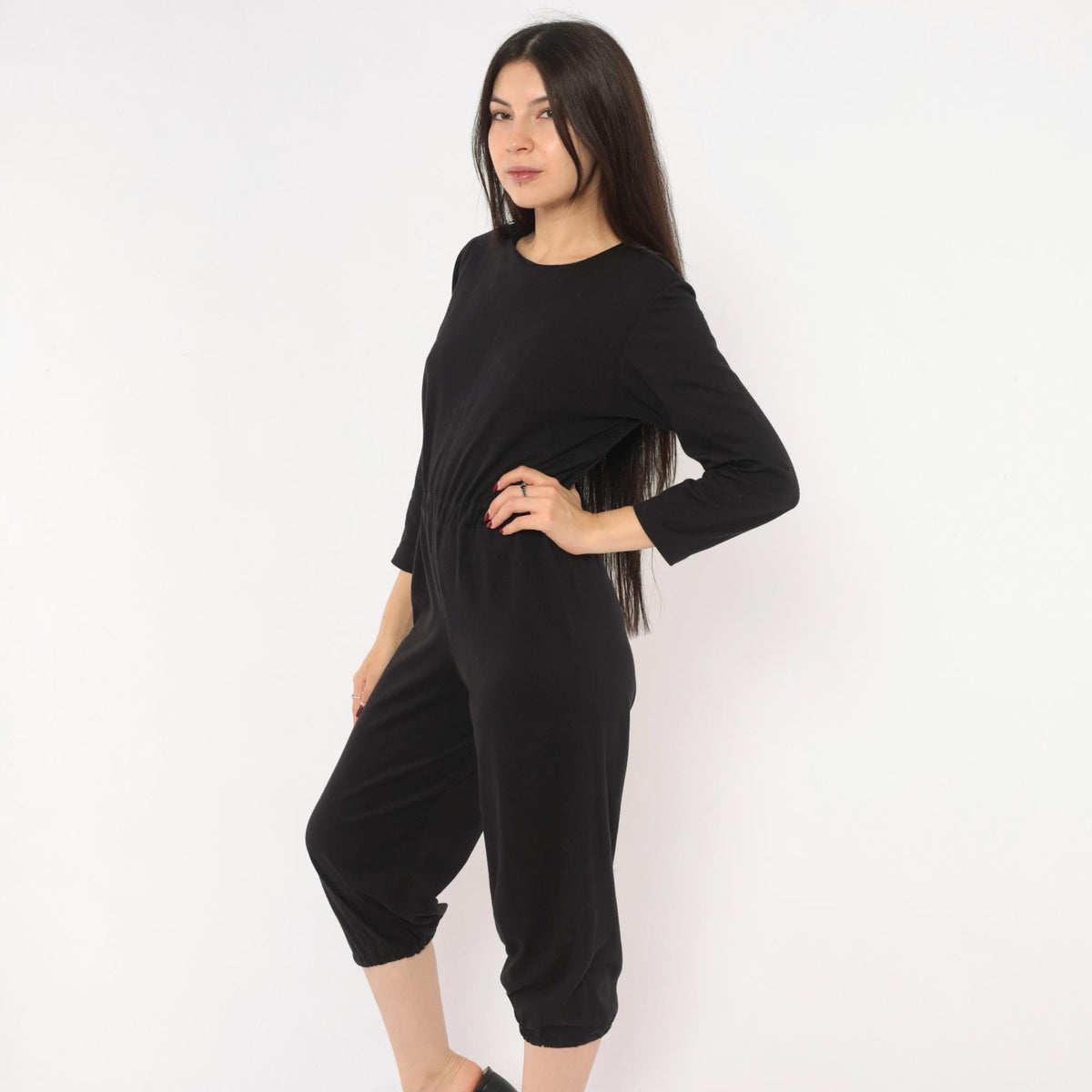 80s Black Jumpsuit Cropped Leg Three Quarter Sleeve Scoop Neck Small