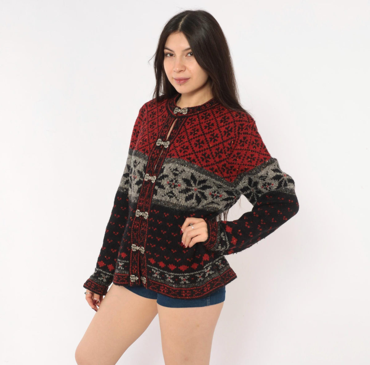 90s Croft & Barrow Nordic Cardigan Wool Blend Fair Isle Snowflake Black Grey Medium M