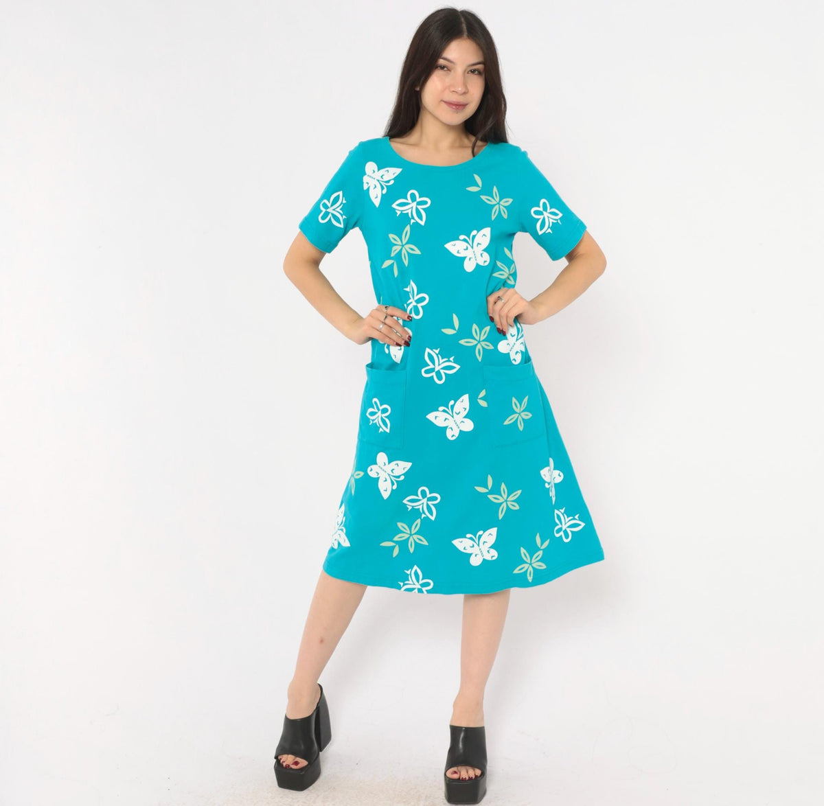 90s M. Mac Butterfly Shift Dress Teal Cotton Knee-Length Pockets Small S