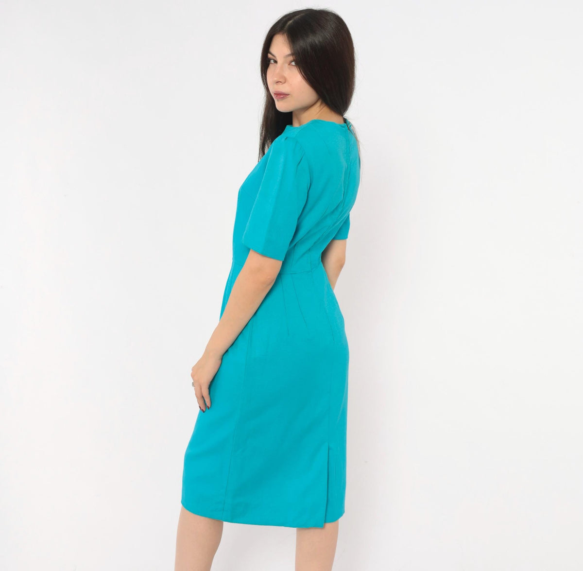 60s Teal Sheath Dress Puff Sleeve Back Zipper Knee Length Extra Small