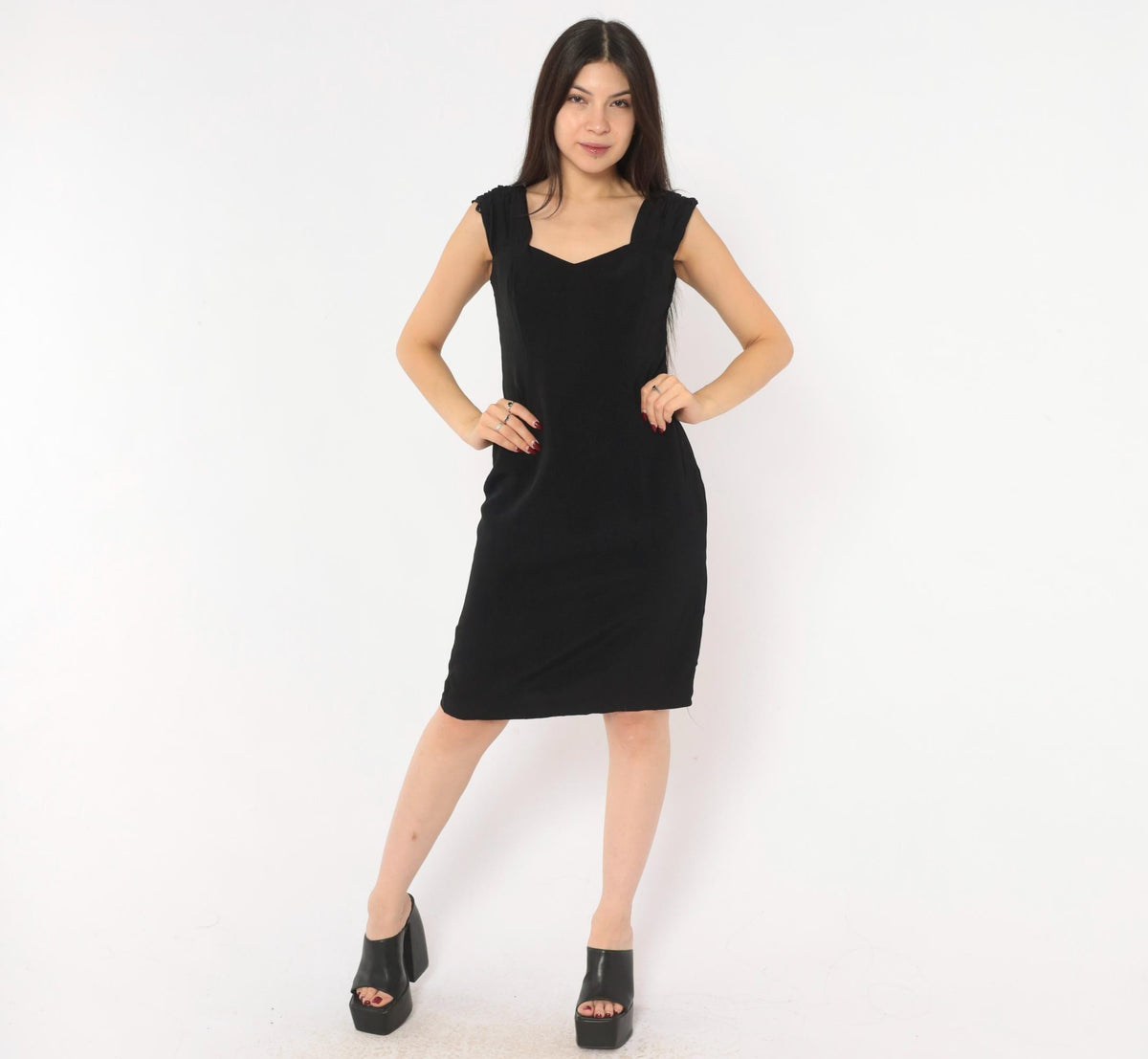 90s Maggy London Black Sweetheart Neckline Dress Cap Sleeve Small
