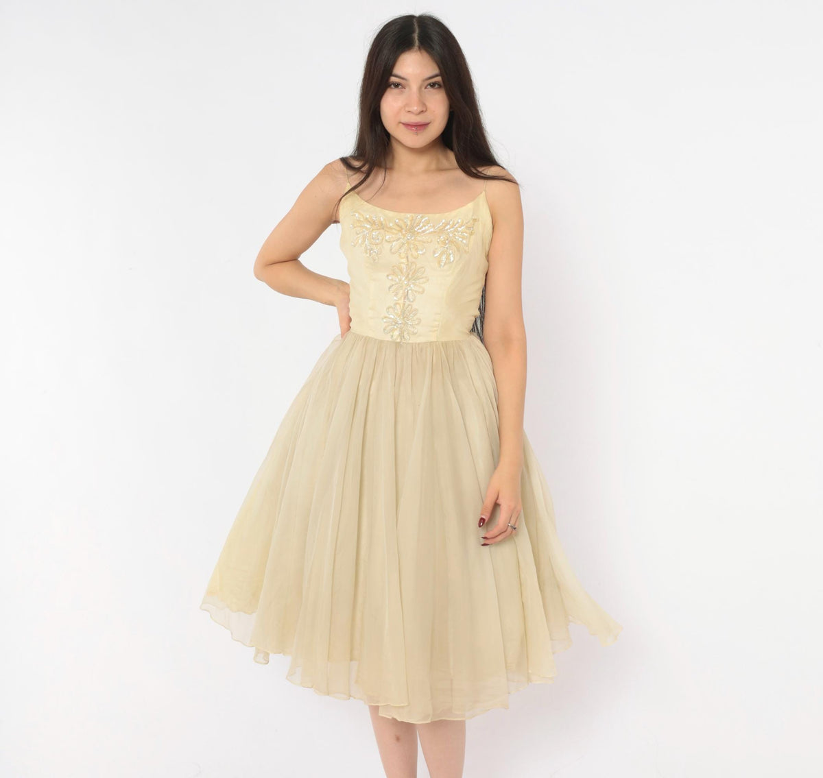 1950s Cream Sequin Floral Party Dress Full Skirt Chiffon Extra Small XS